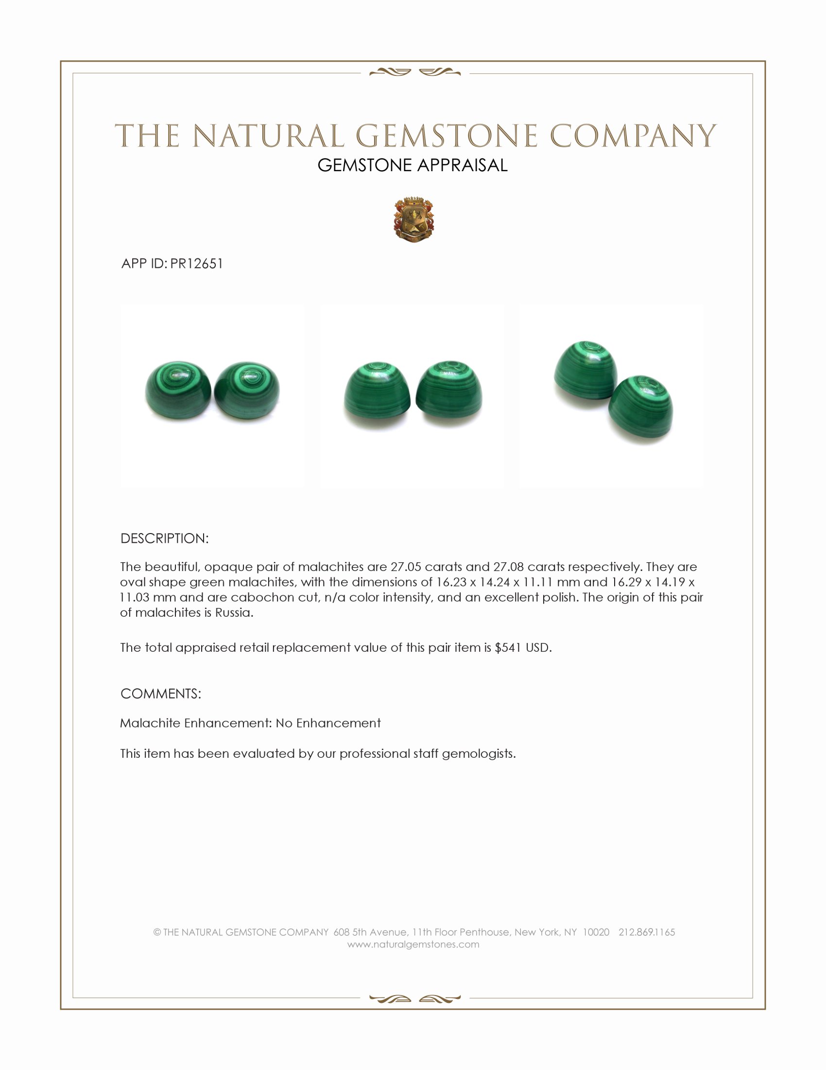 54.13 Ct.Tw. Cabochon Malachite Pair from Russia