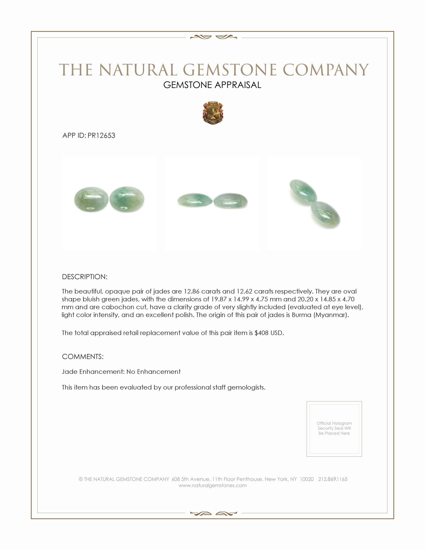 25.48 Ct.Tw. Bluish Green Cabochon Jade Pair from Burma (Myanmar)