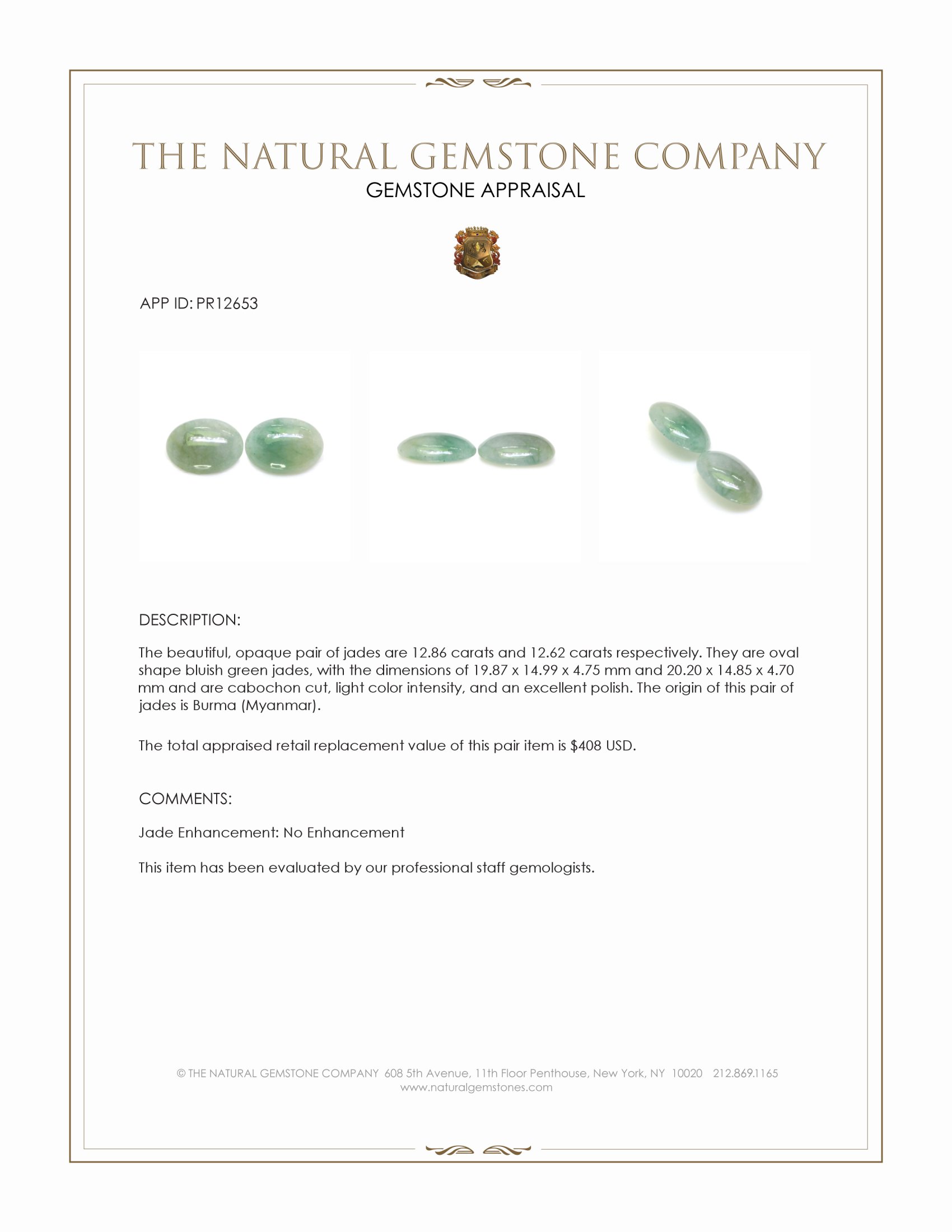 25.48 Ct.Tw. Bluish Green Cabochon Jade Pair from Burma (Myanmar)