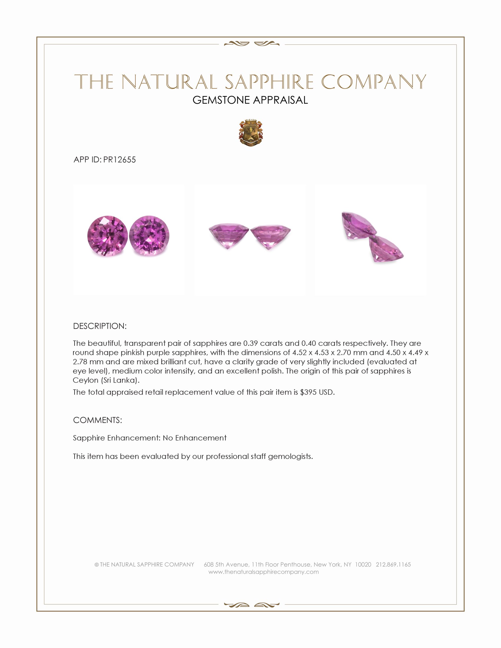 0.79 Ct.Tw. Pinkish Purple Sapphire Pair from Ceylon (Sri Lanka)