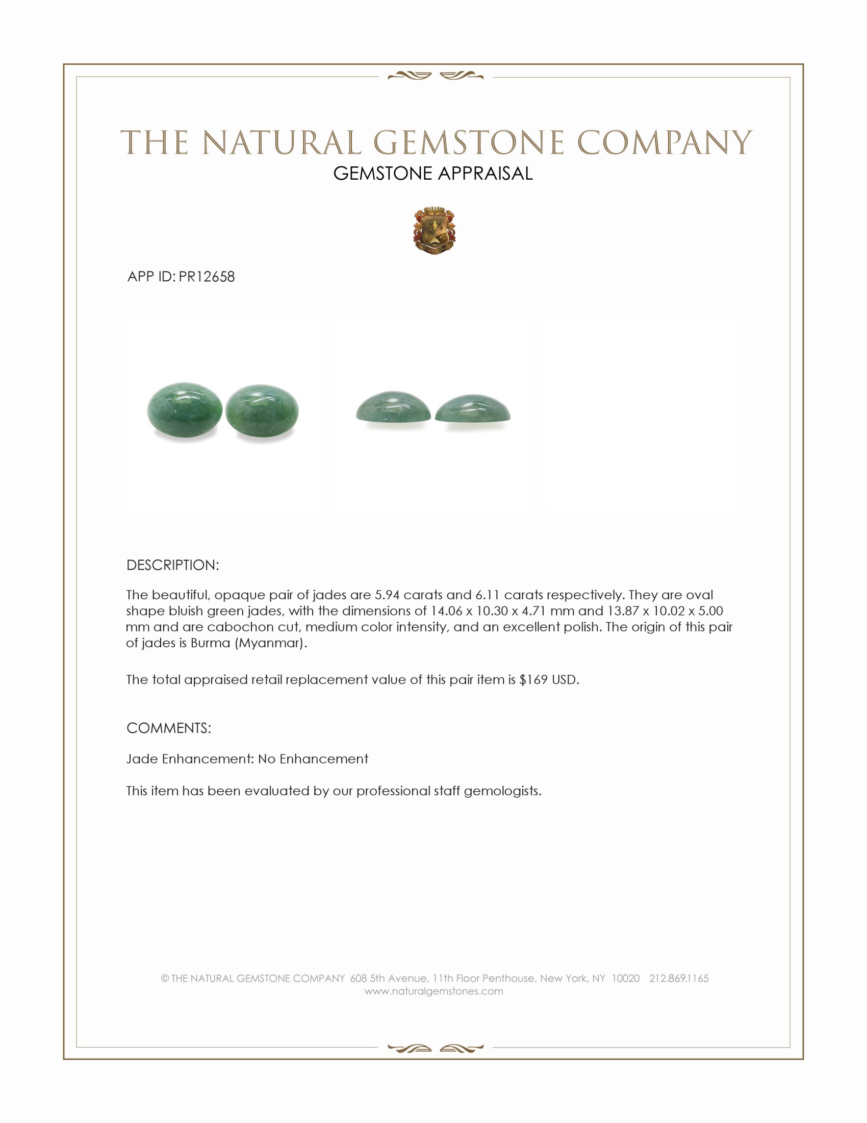 12.05 Ct.Tw. Bluish Green Cabochon Jade Pair from Burma (Myanmar)