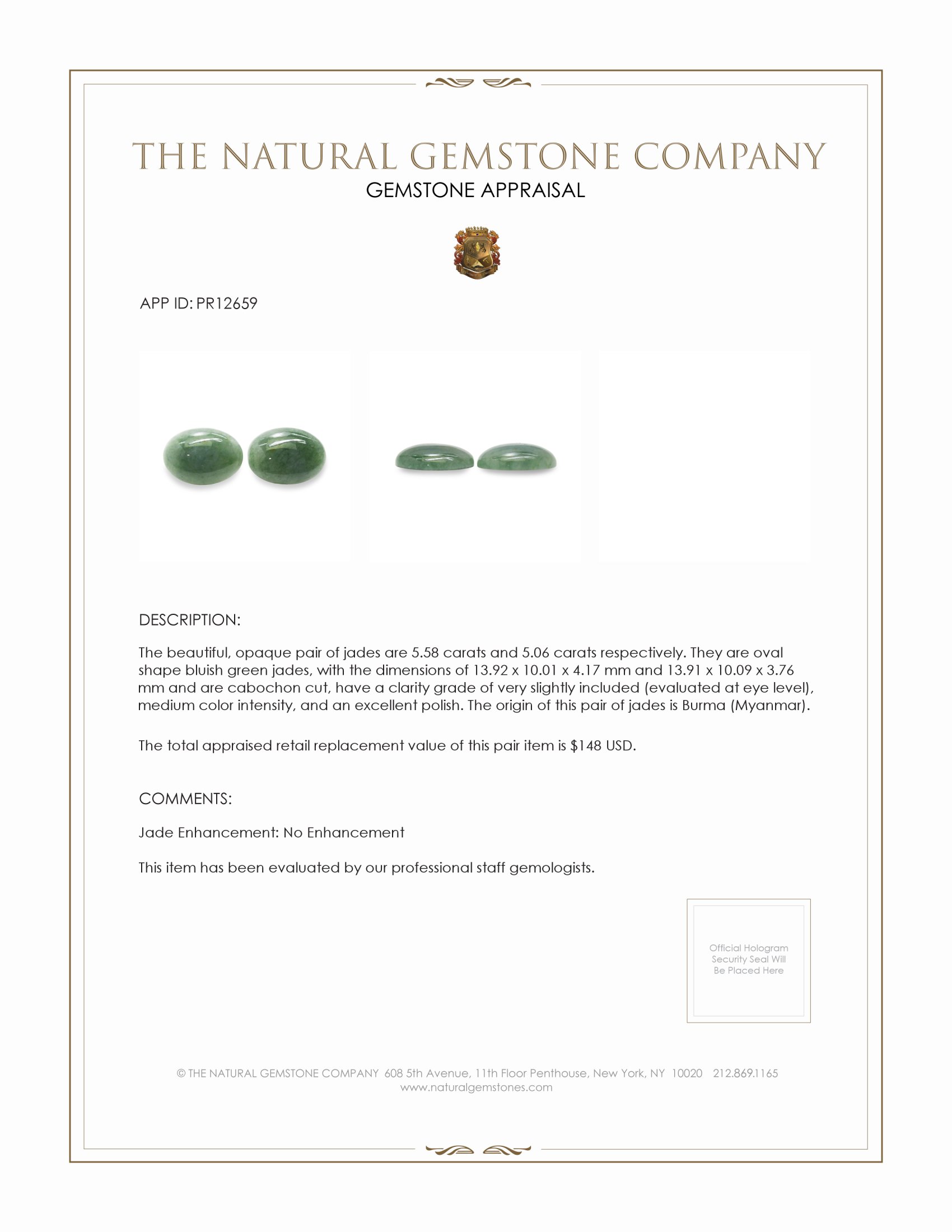 10.64 Ct.Tw. Bluish Green Cabochon Jade Pair from Burma (Myanmar)