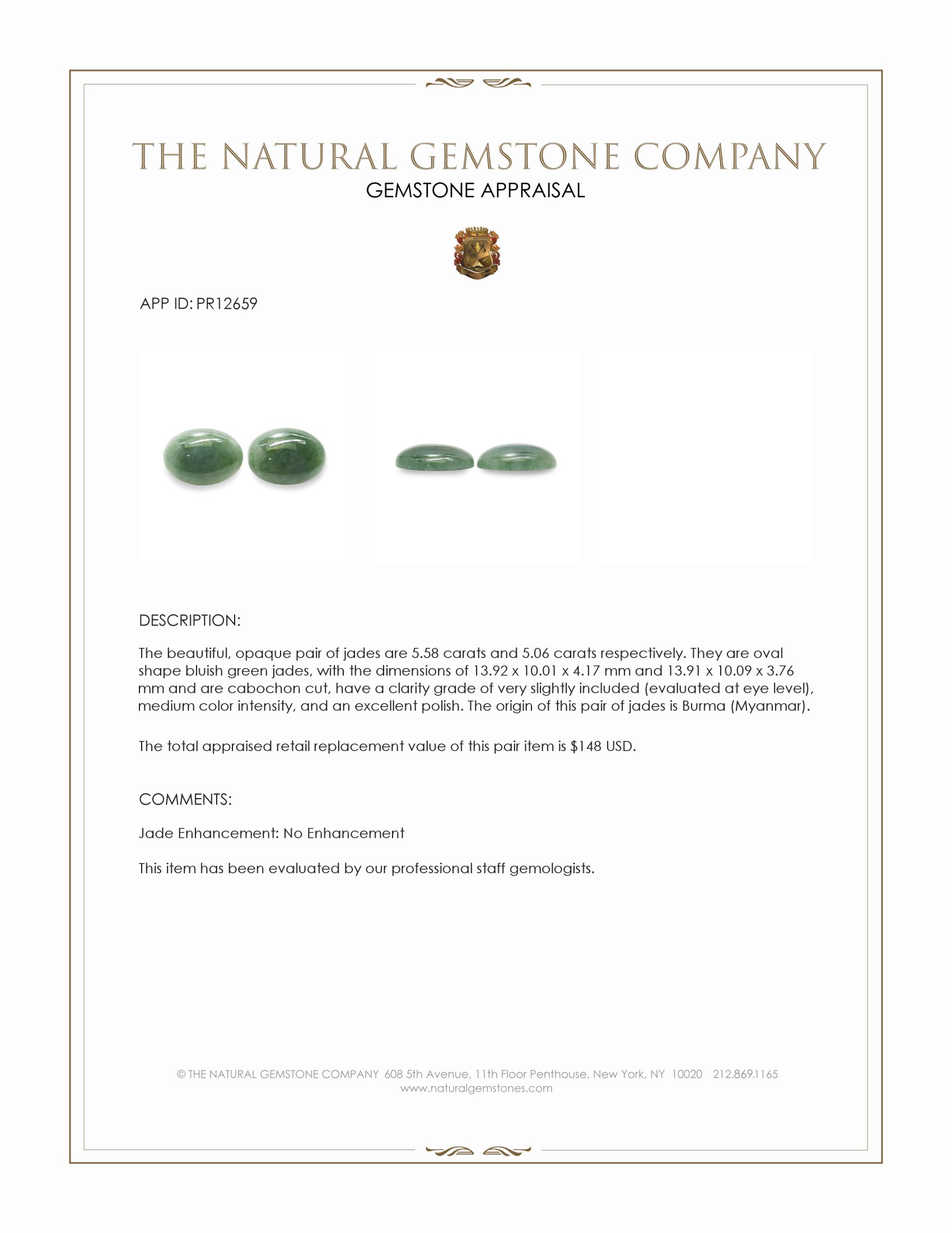10.64 Ct.Tw. Bluish Green Cabochon Jade Pair from Burma (Myanmar)