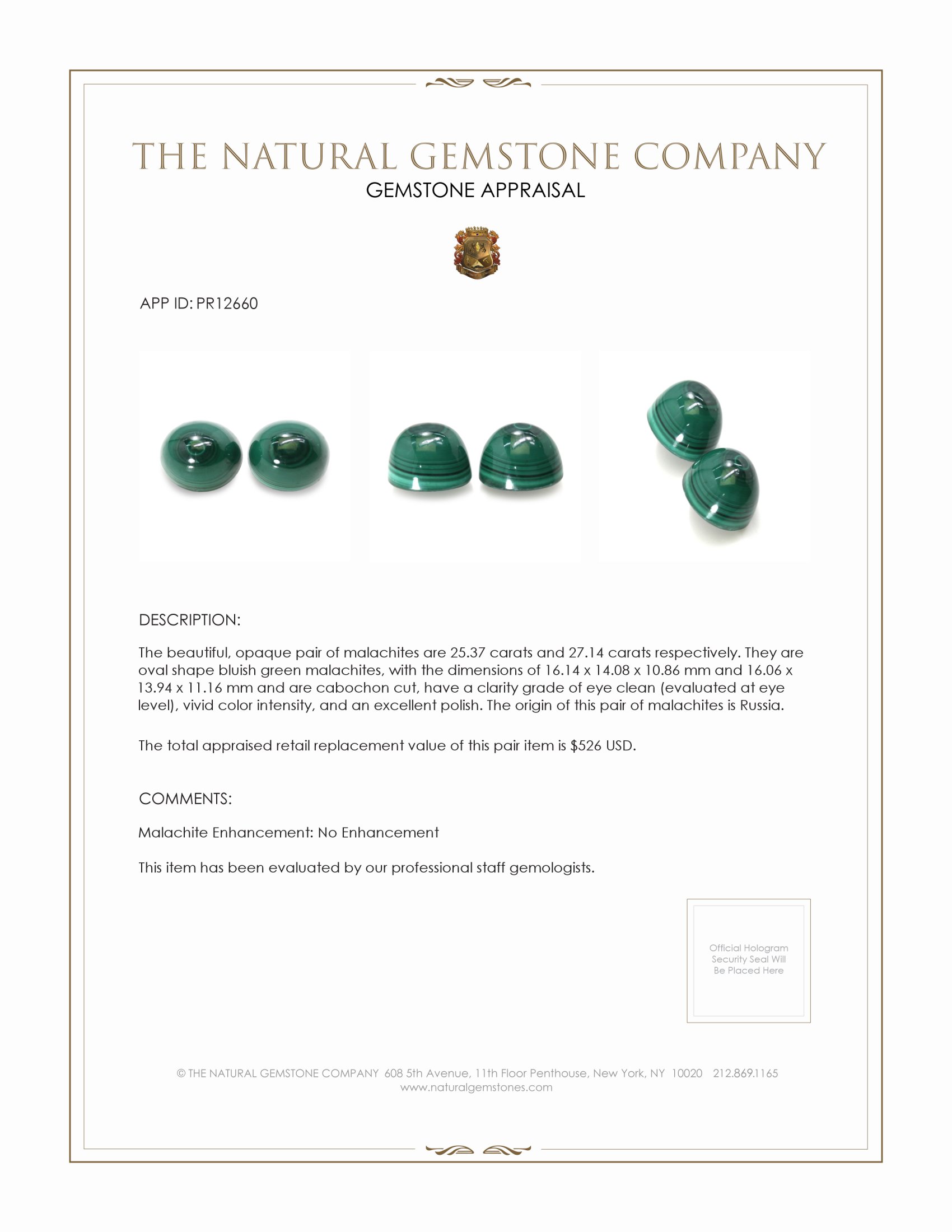 52.51 Ct.Tw. Cabochon Malachite Pair from Russia