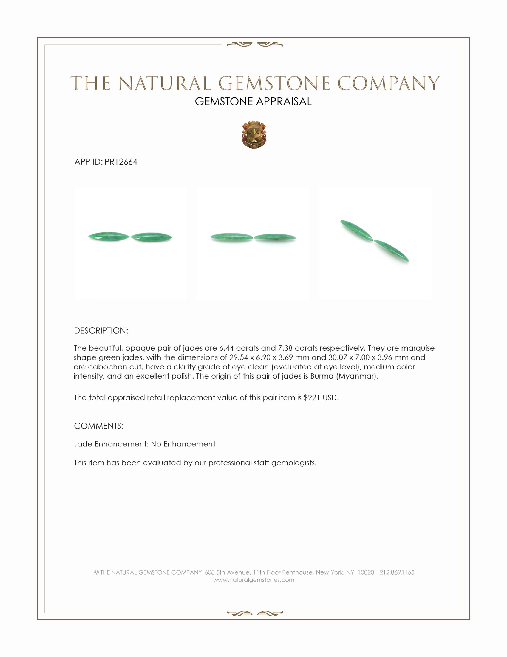 13.82 Ct.Tw. Cabochon Jade Pair from Burma (Myanmar)