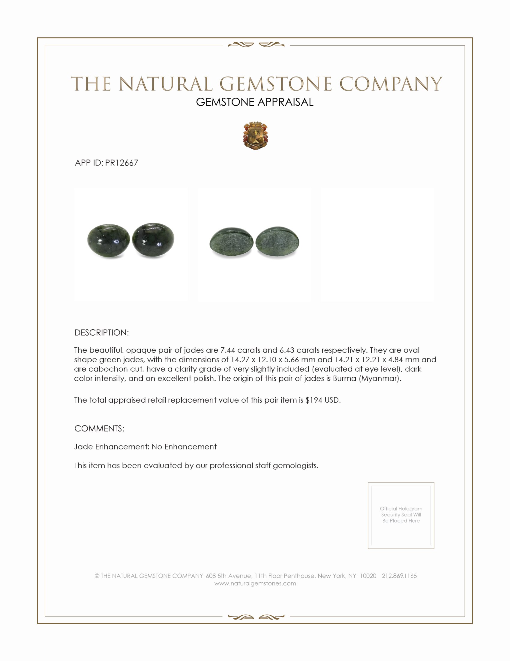 13.87 Ct.Tw. Green Cabochon Jade Pair from Burma (Myanmar)