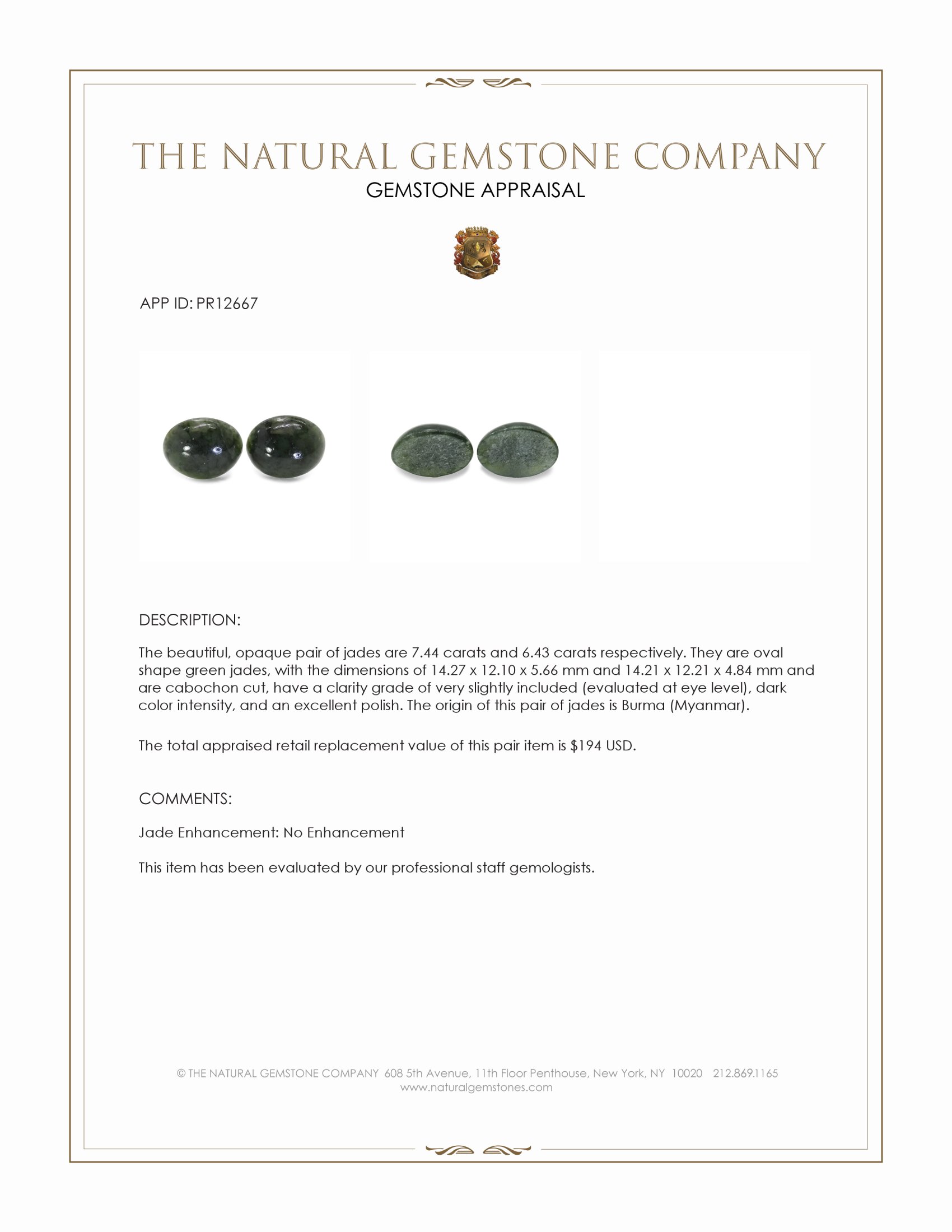 13.87 Ct.Tw. Green Cabochon Jade Pair from Burma (Myanmar)