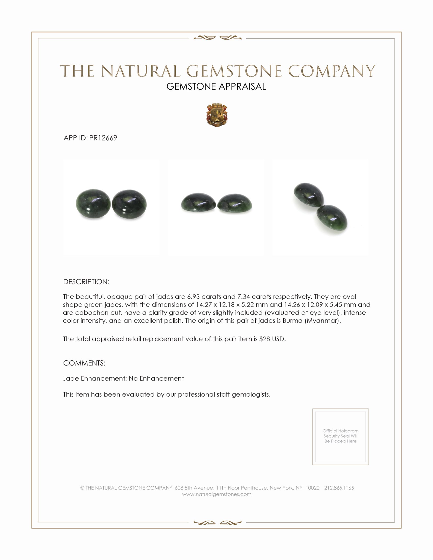 14.27 Ct.Tw. Green Cabochon Jade Pair from Burma (Myanmar)
