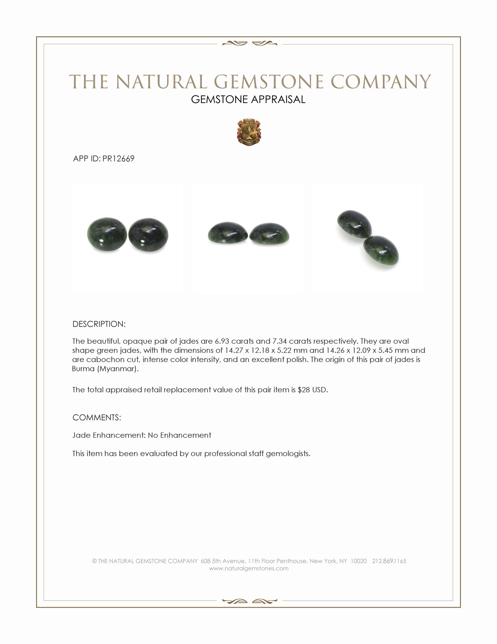 14.27 Ct.Tw. Green Cabochon Jade Pair from Burma (Myanmar)