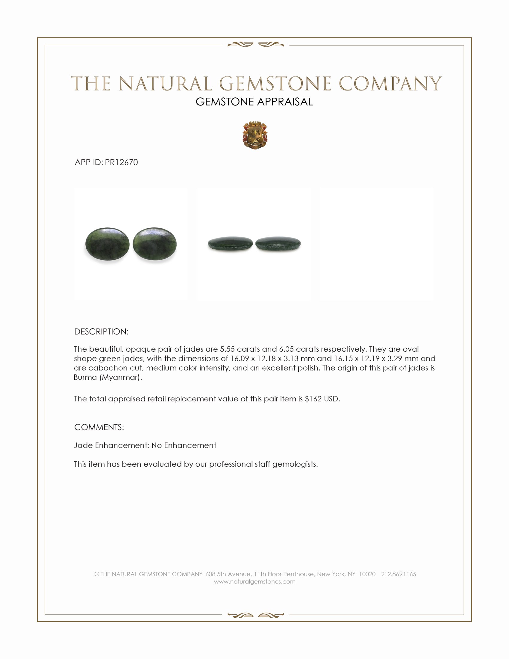 11.60 Ct.Tw. Green Cabochon Jade Pair from Burma (Myanmar)
