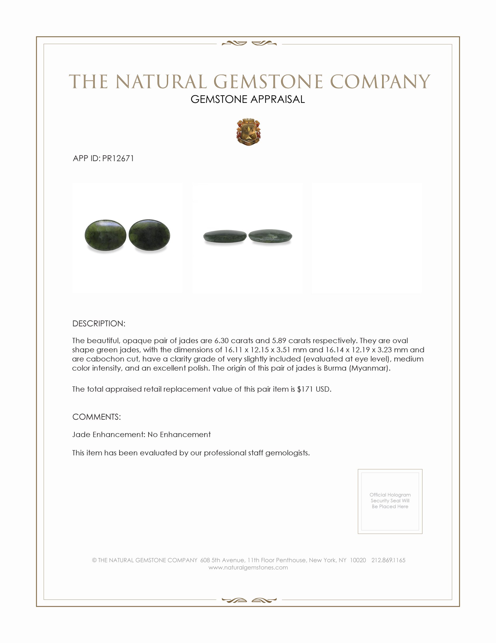 12.19 Ct.Tw. Green Cabochon Jade Pair from Burma (Myanmar)