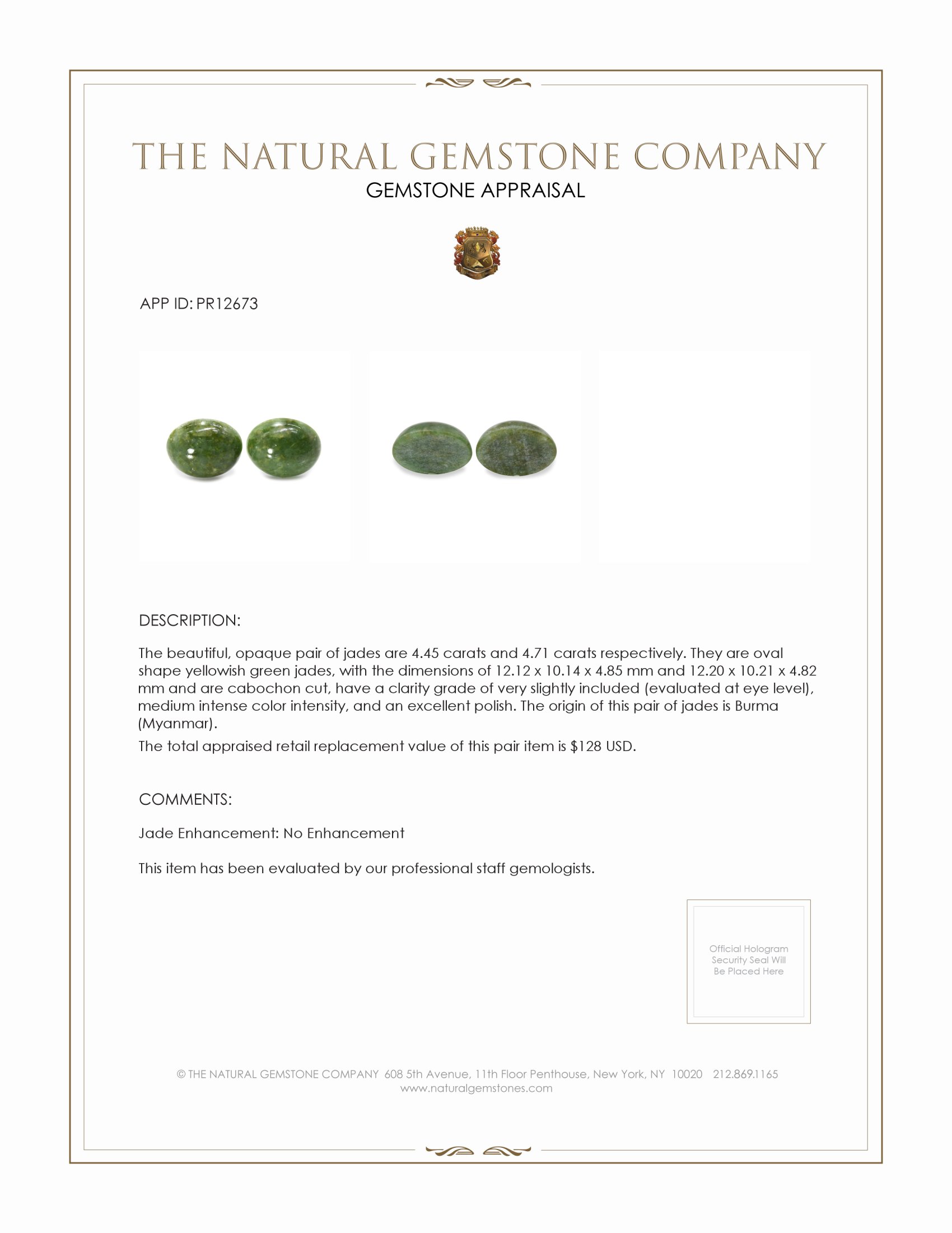 9.16 Ct.Tw. Yellowish Green Cabochon Jade Pair from Burma (Myanmar)