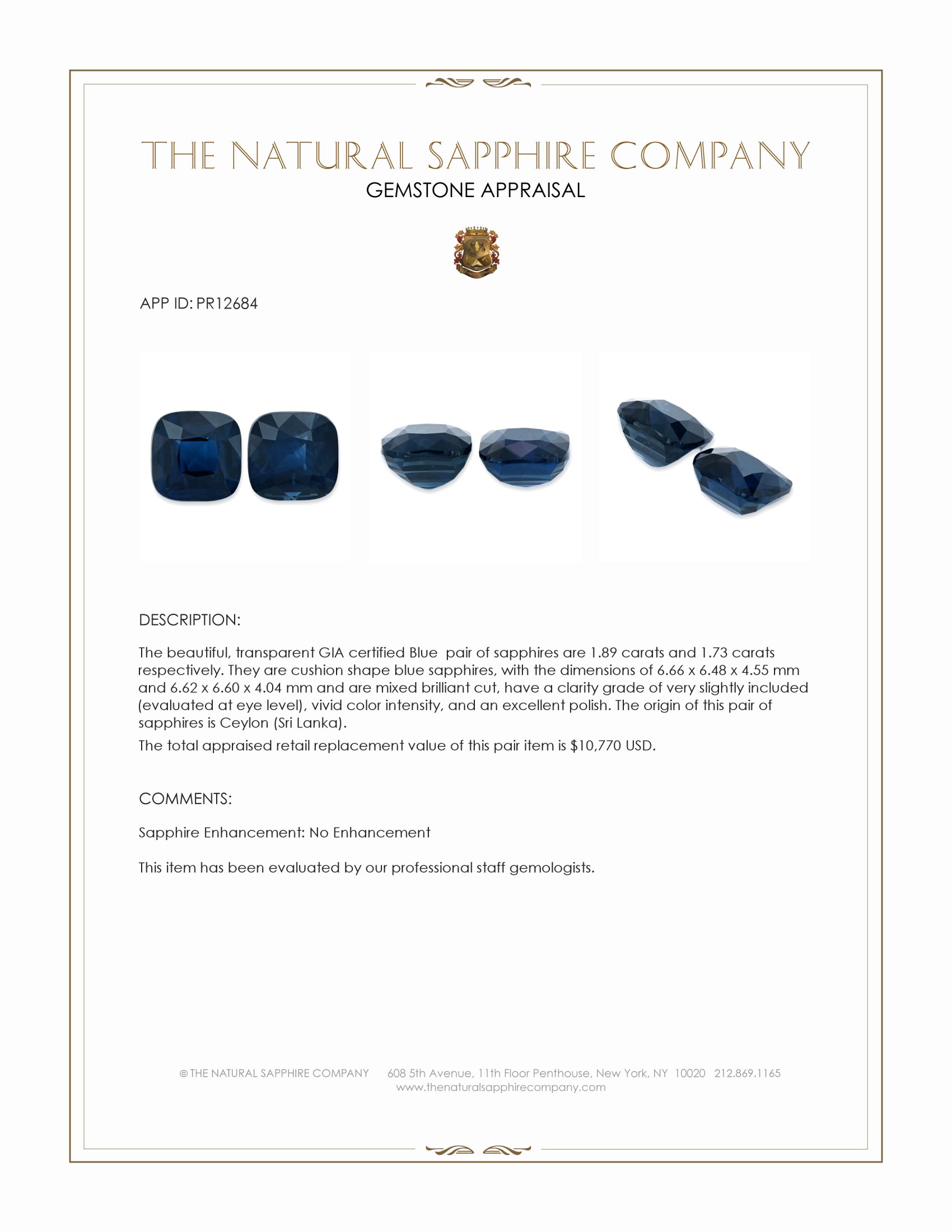 3.62 Ct.Tw. Blue Sapphire Pair from Ceylon (Sri Lanka)