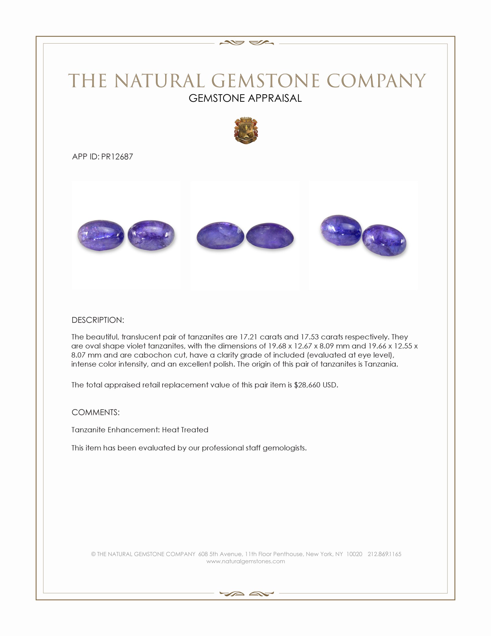 34.74 Ct.Tw. Cabochon Tanzanite Pair from Tanzania