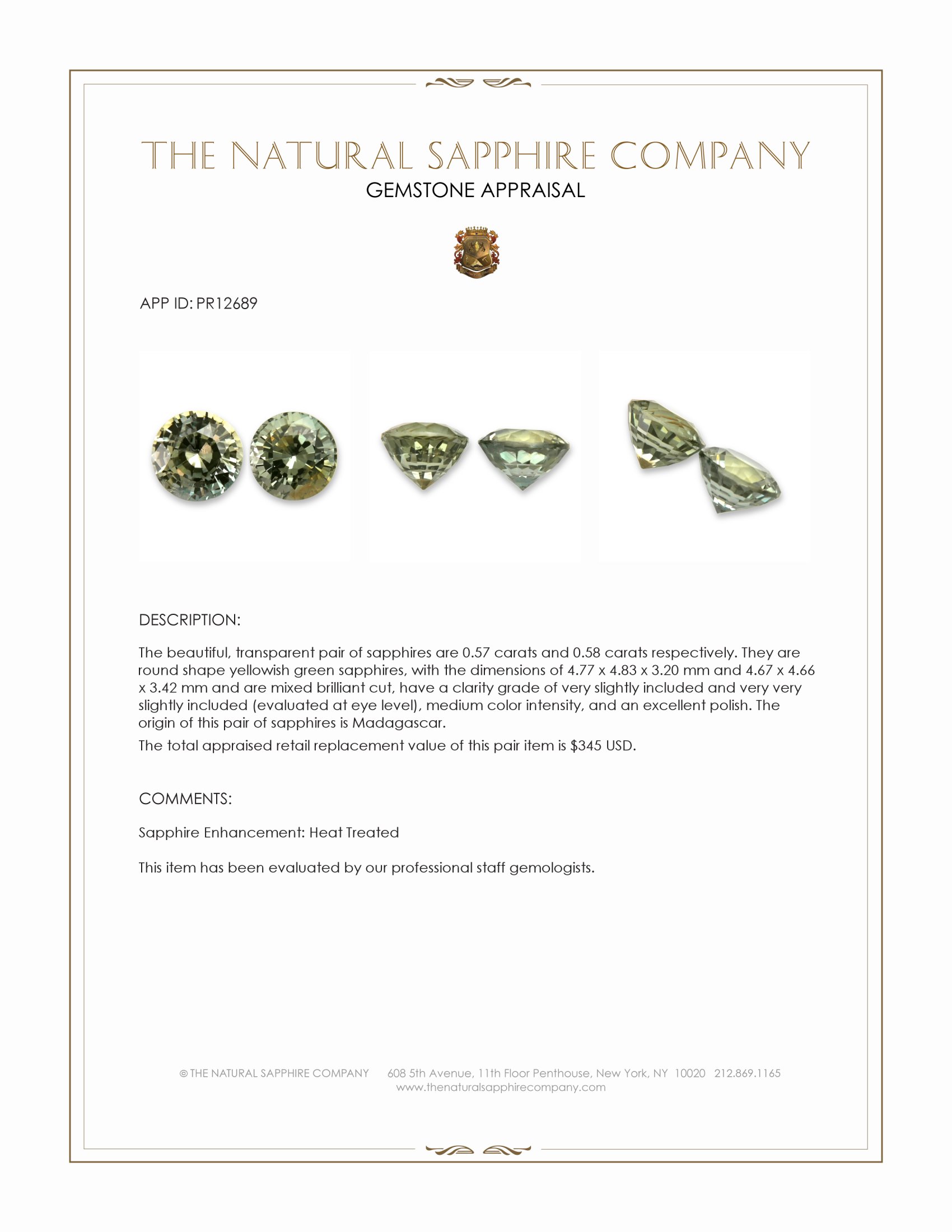 1.15 Ct.Tw. Yellowish Green Sapphire Pair from Madagascar