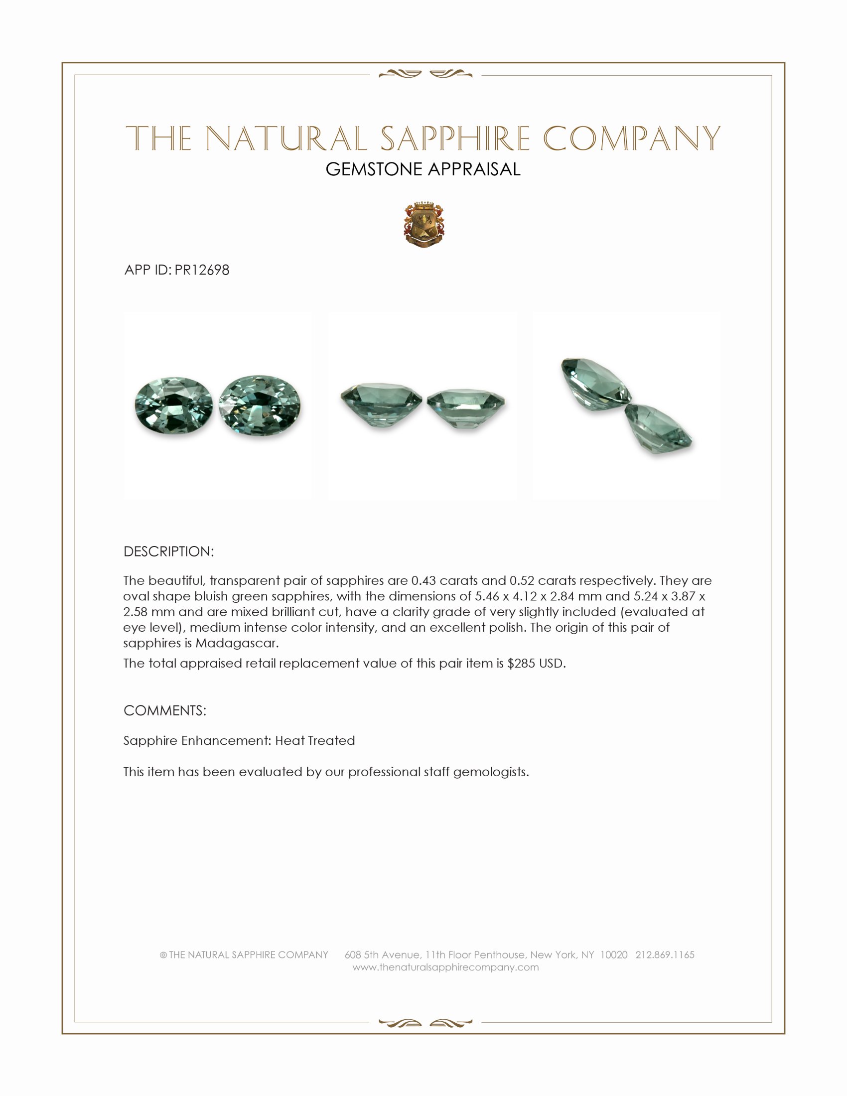 0.95 Ct.Tw. Bluish Green Sapphire Pair from Madagascar