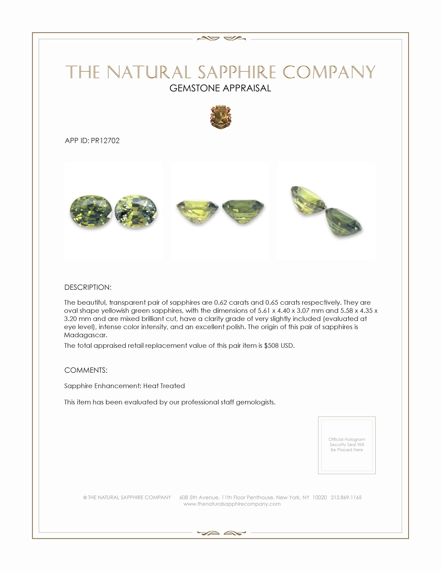 1.27 Ct.Tw. Yellowish Green Sapphire Pair from Madagascar