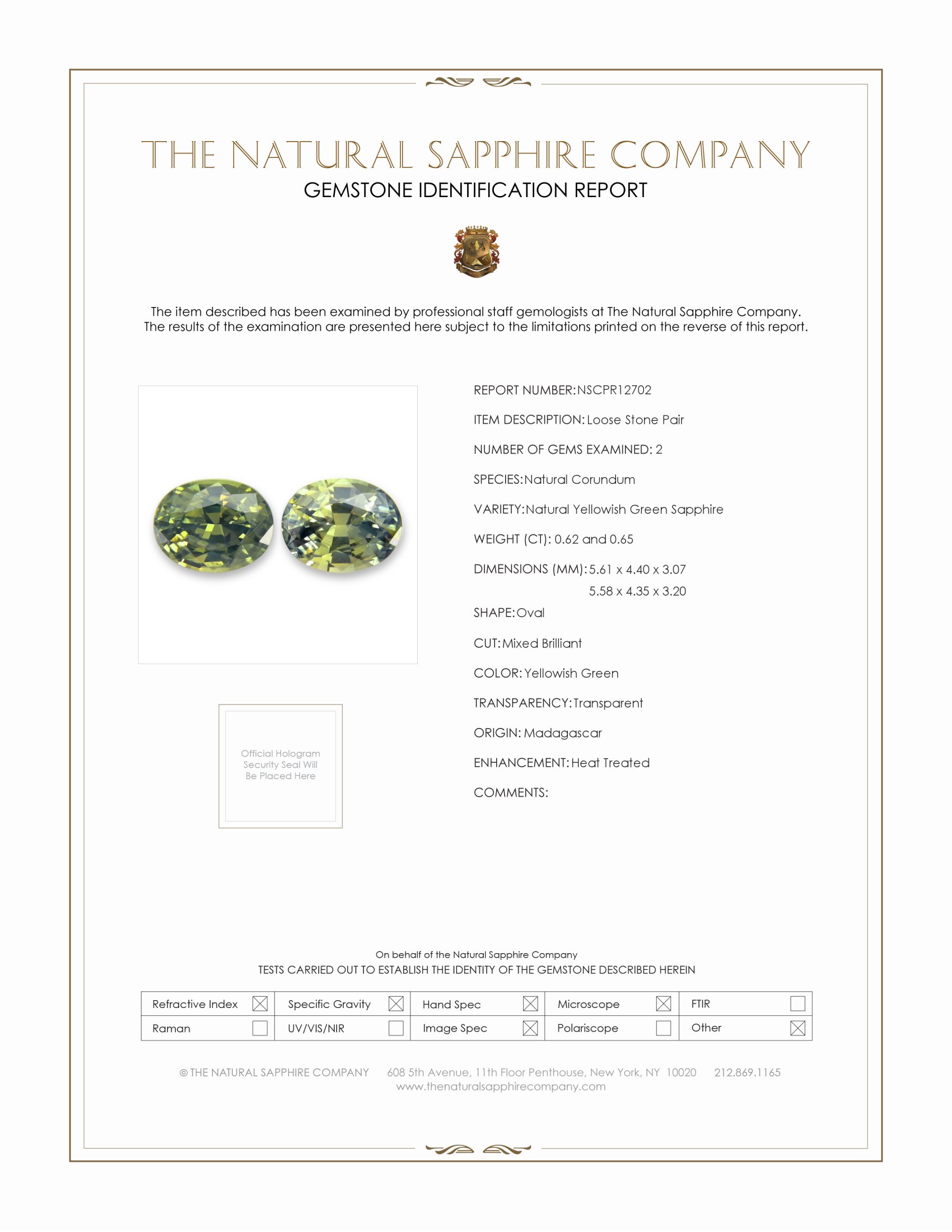 1.27 Ct.Tw. Yellowish Green Sapphire Pair from Madagascar