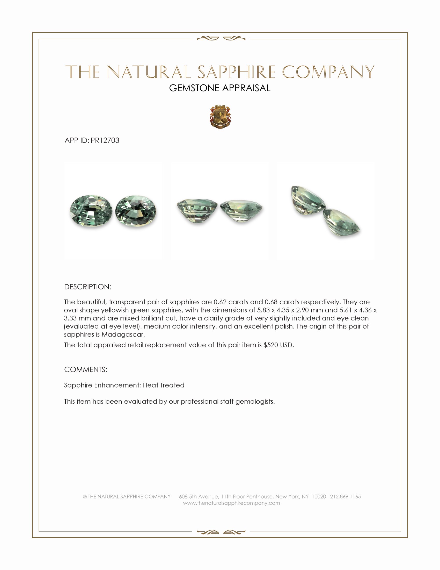 1.30 Ct.Tw. Yellowish Green Sapphire Pair from Madagascar