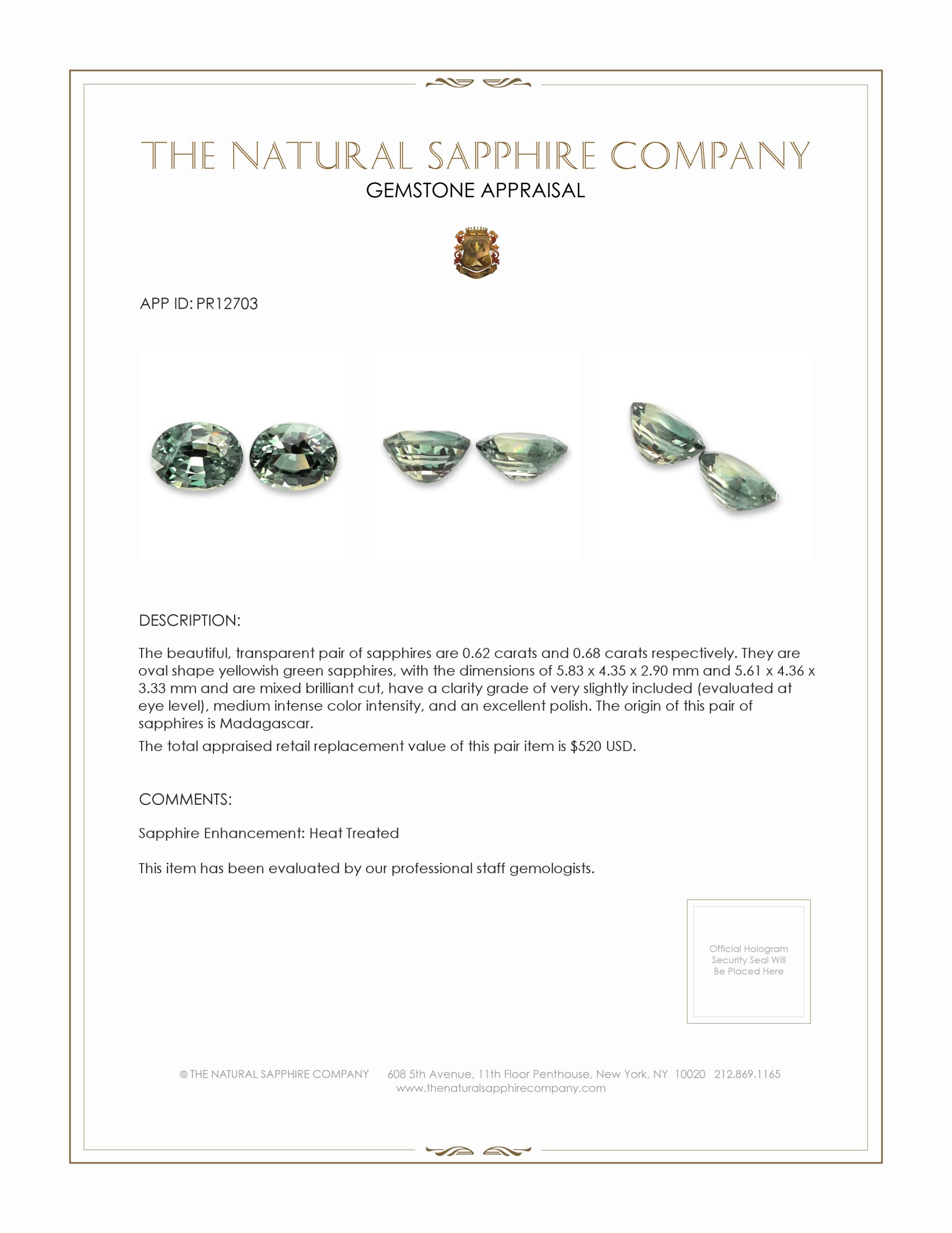 1.30 Ct.Tw. Yellowish Green Sapphire Pair from Madagascar