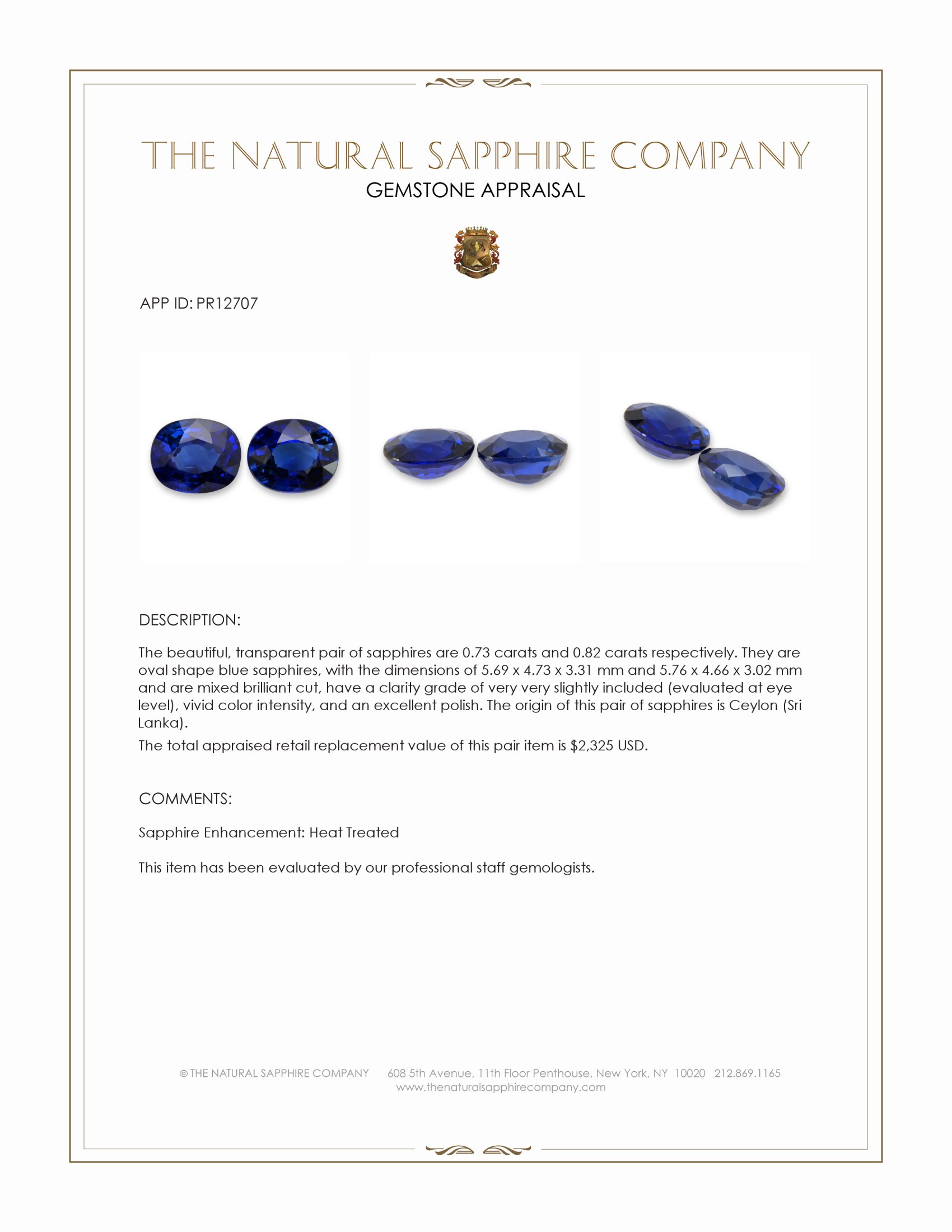 1.55 Ct.Tw. Blue Sapphire Pair from Ceylon (Sri Lanka)