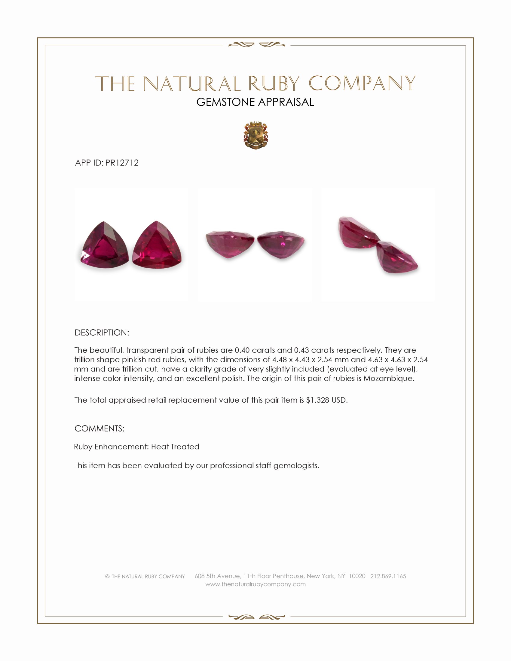 0.83 Ct.Tw. Pinkish Red Ruby Pair from Mozambique