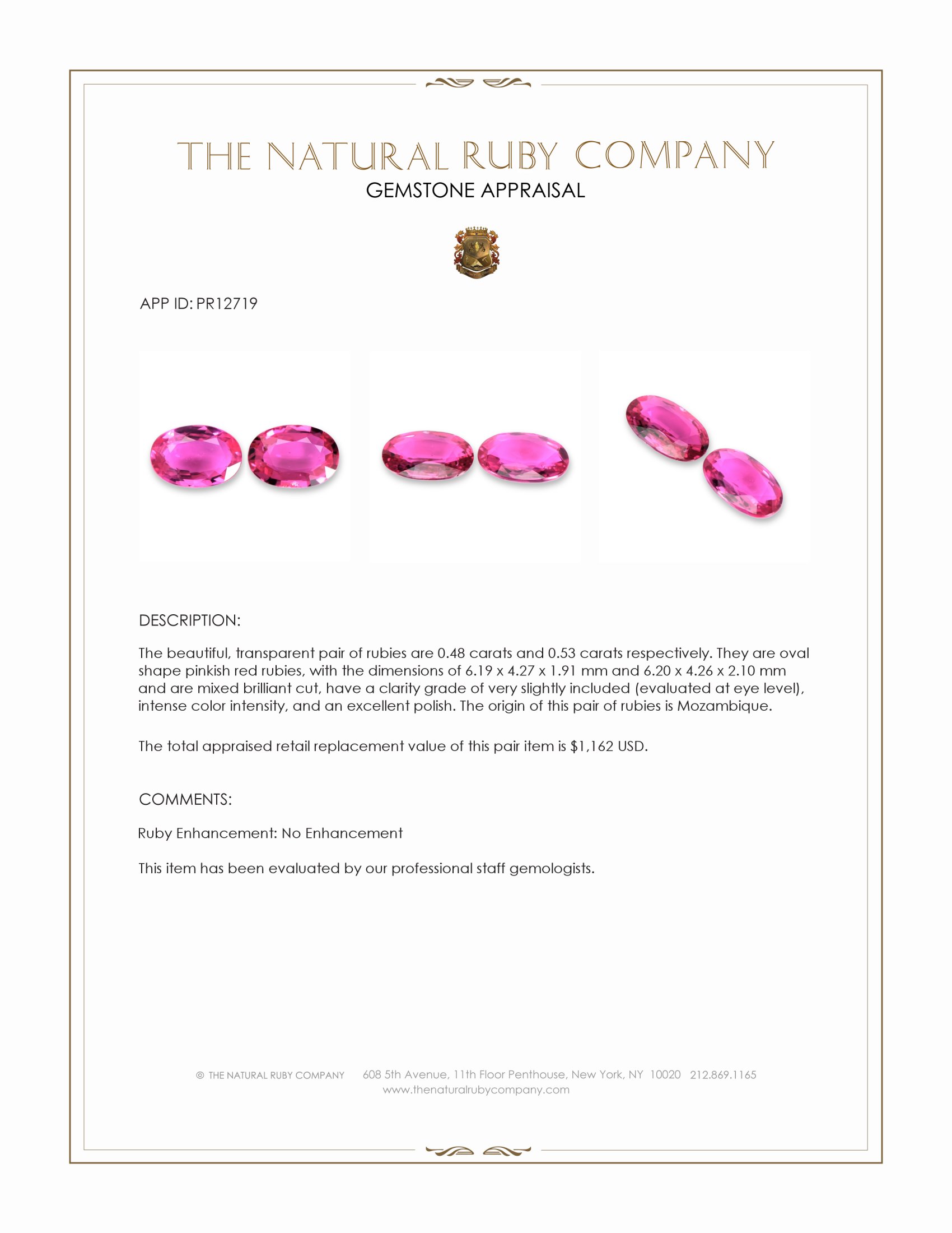 1.01 Ct.Tw. Pinkish Red Ruby Pair from Mozambique