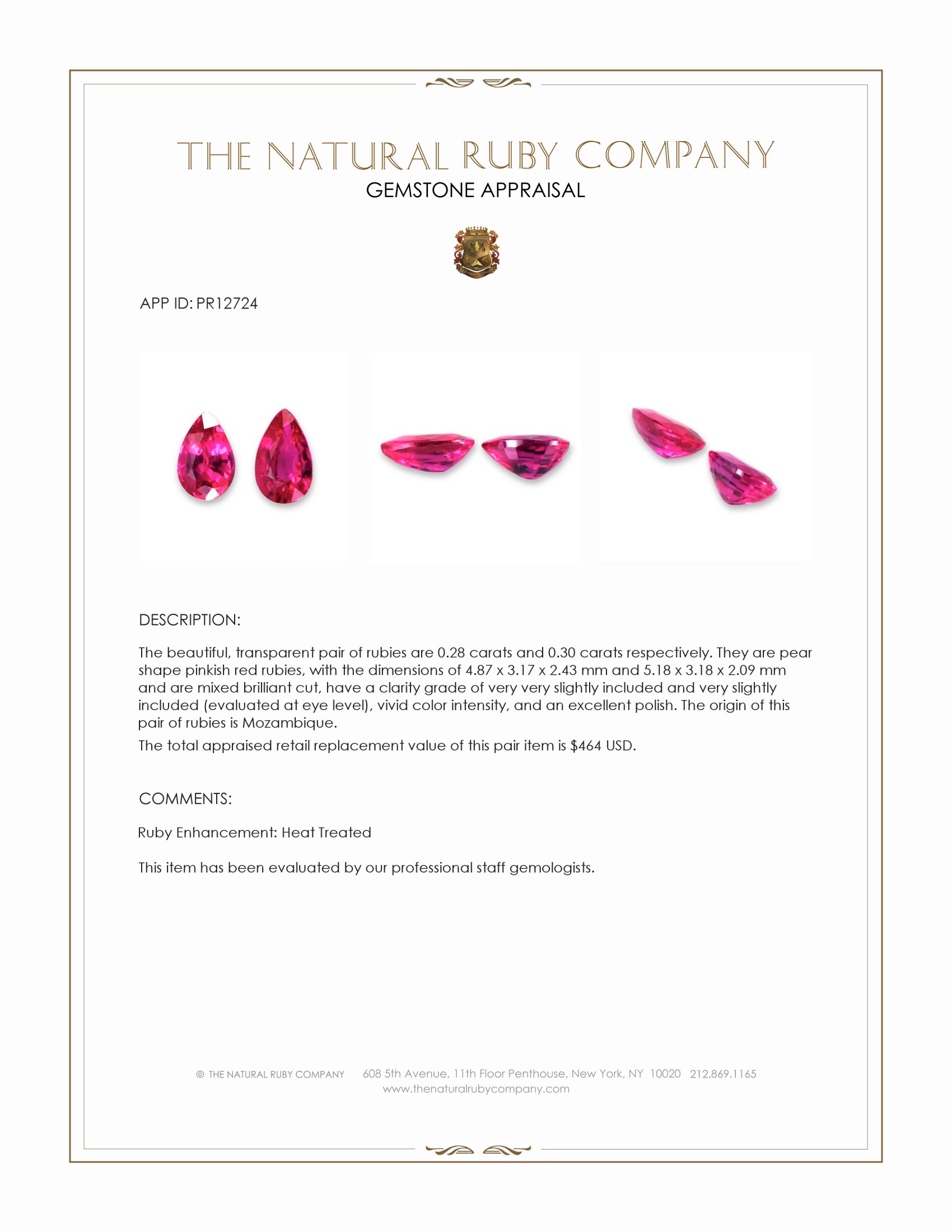 0.58 Ct.Tw. Pinkish Red Ruby Pair from Mozambique