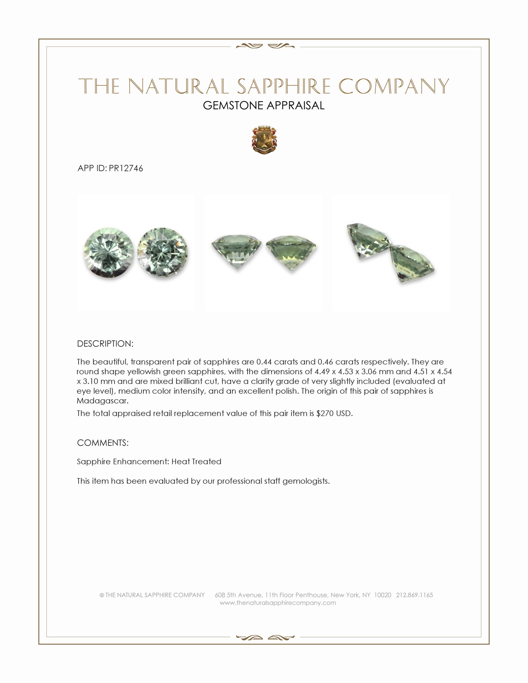 0.90 Ct.Tw. Yellowish Green Sapphire Pair from Madagascar