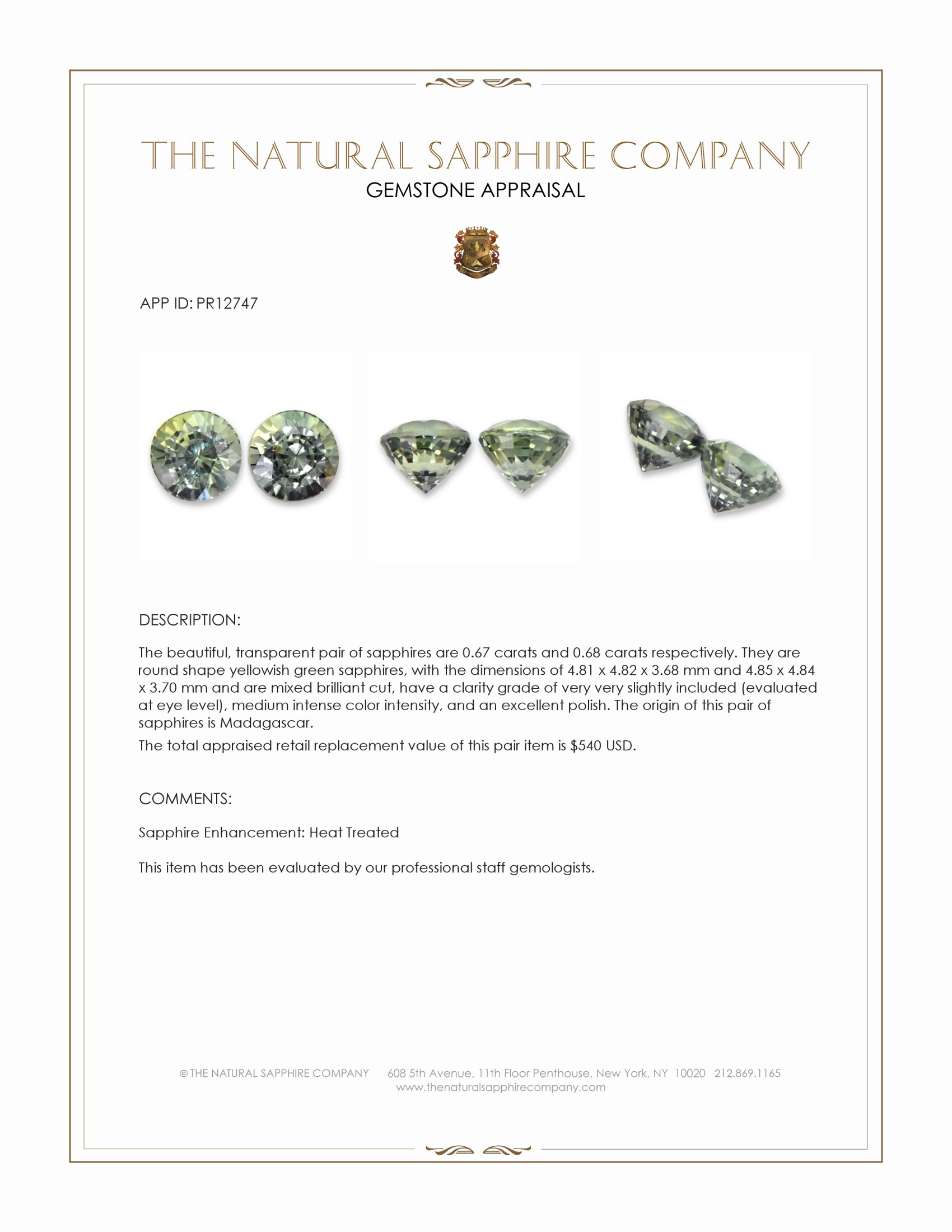 1.35 Ct.Tw. Yellowish Green Sapphire Pair from Madagascar