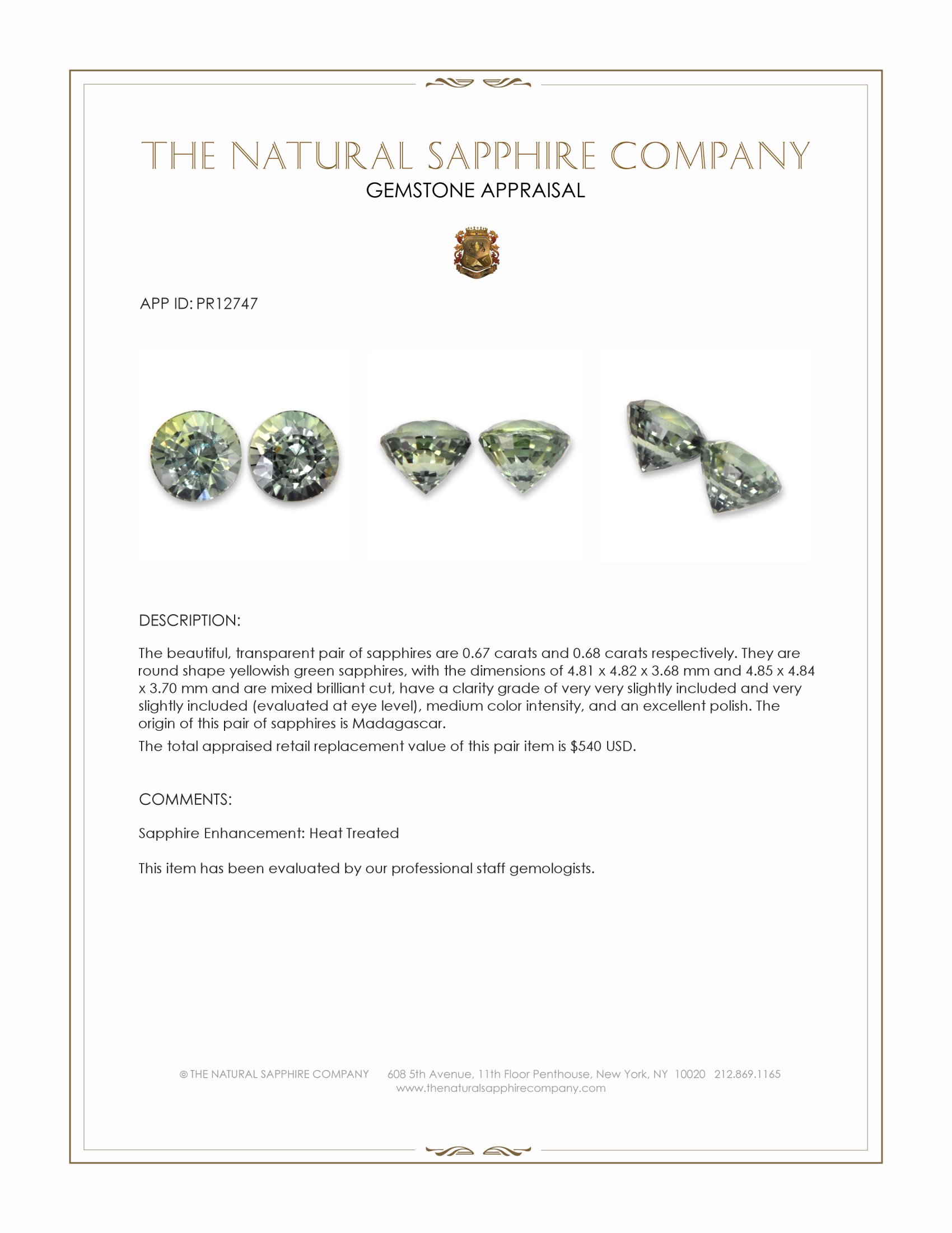 1.35 Ct.Tw. Yellowish Green Sapphire Pair from Madagascar