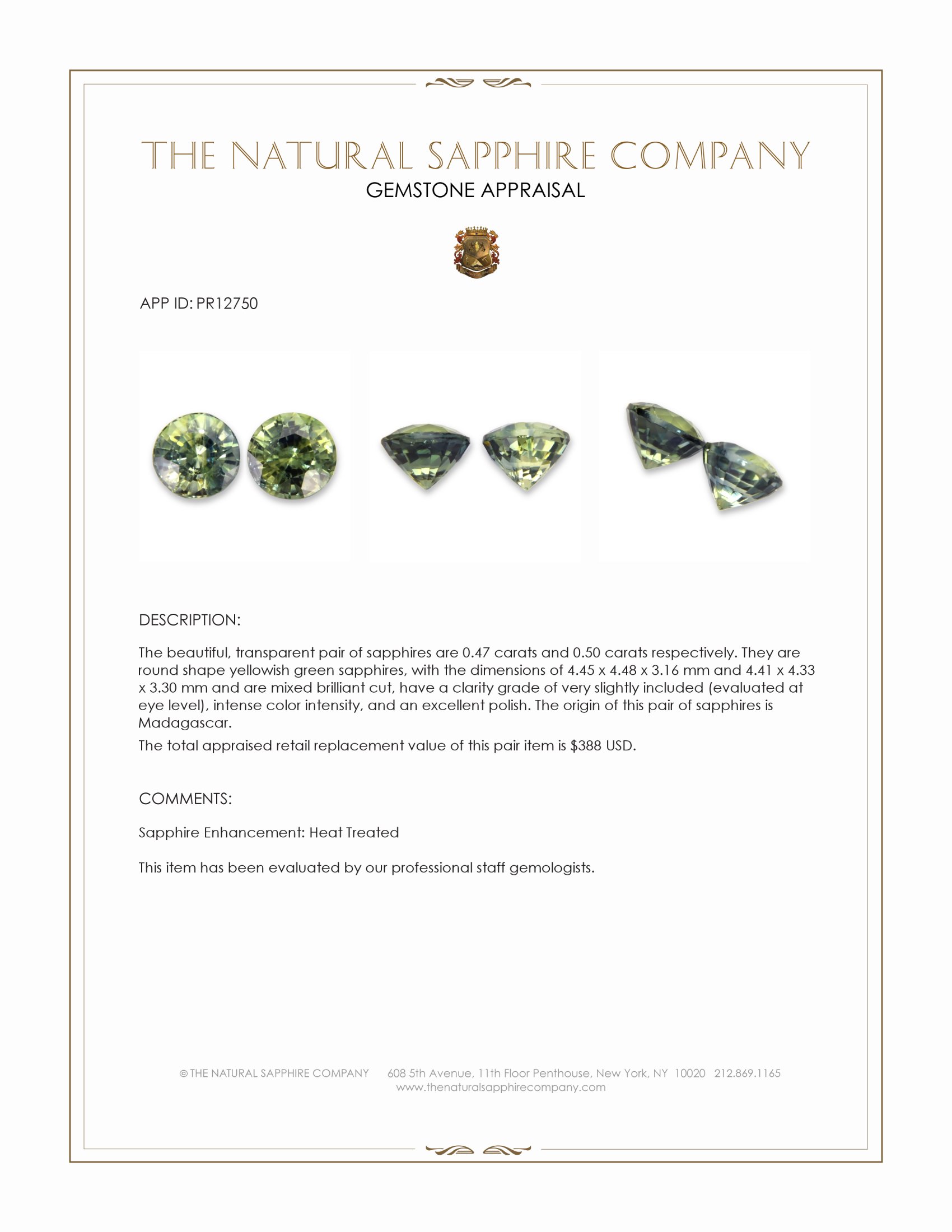 0.97 Ct.Tw. Yellowish Green Sapphire Pair from Madagascar