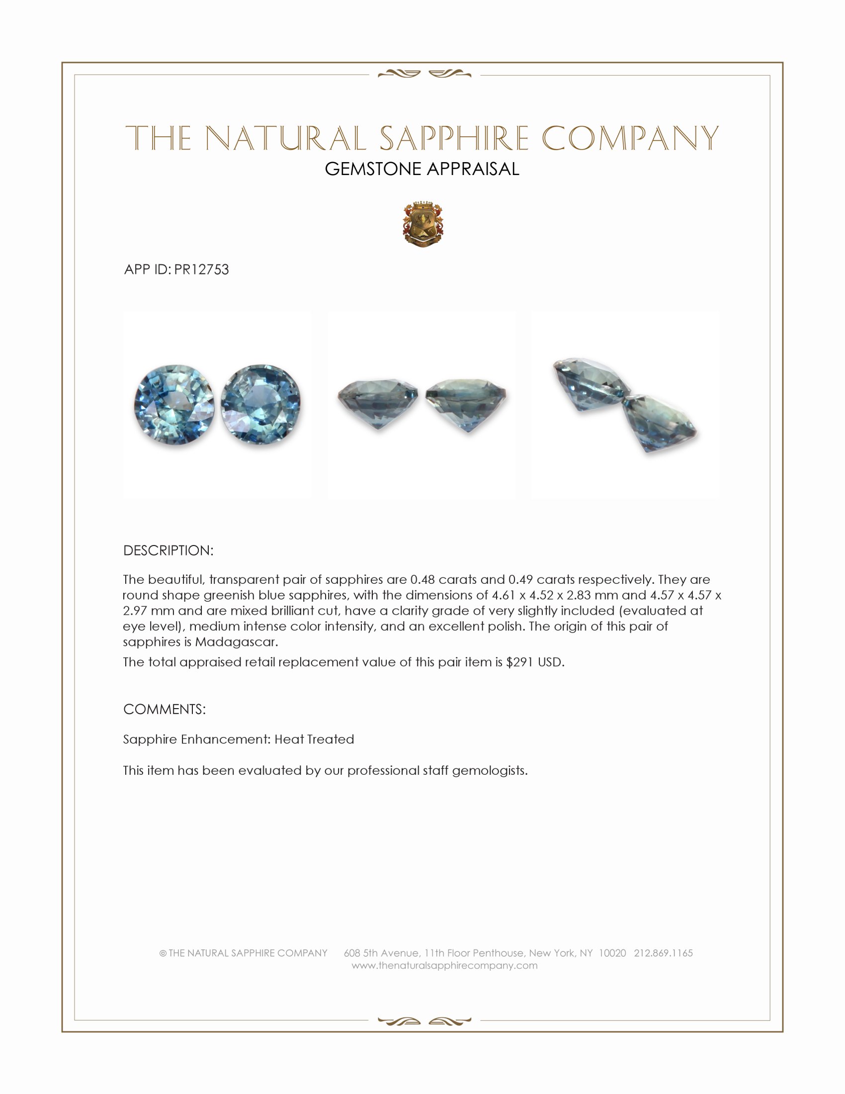 0.97 Ct.Tw. Greenish Blue Sapphire Pair from Madagascar