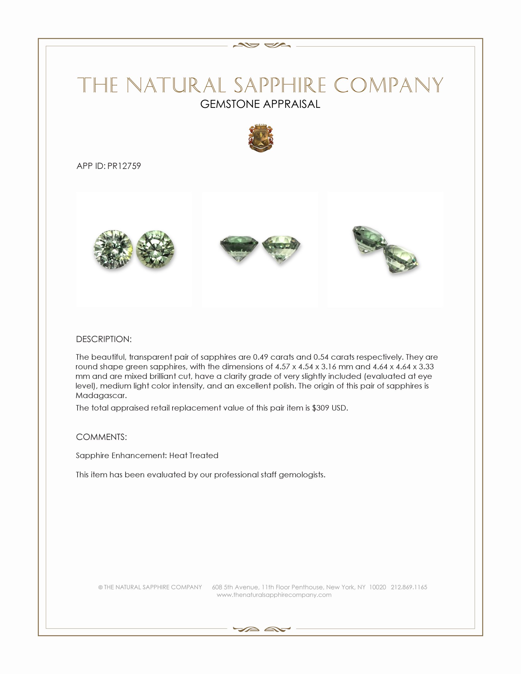 1.03 Ct.Tw. Green Sapphire Pair from Madagascar