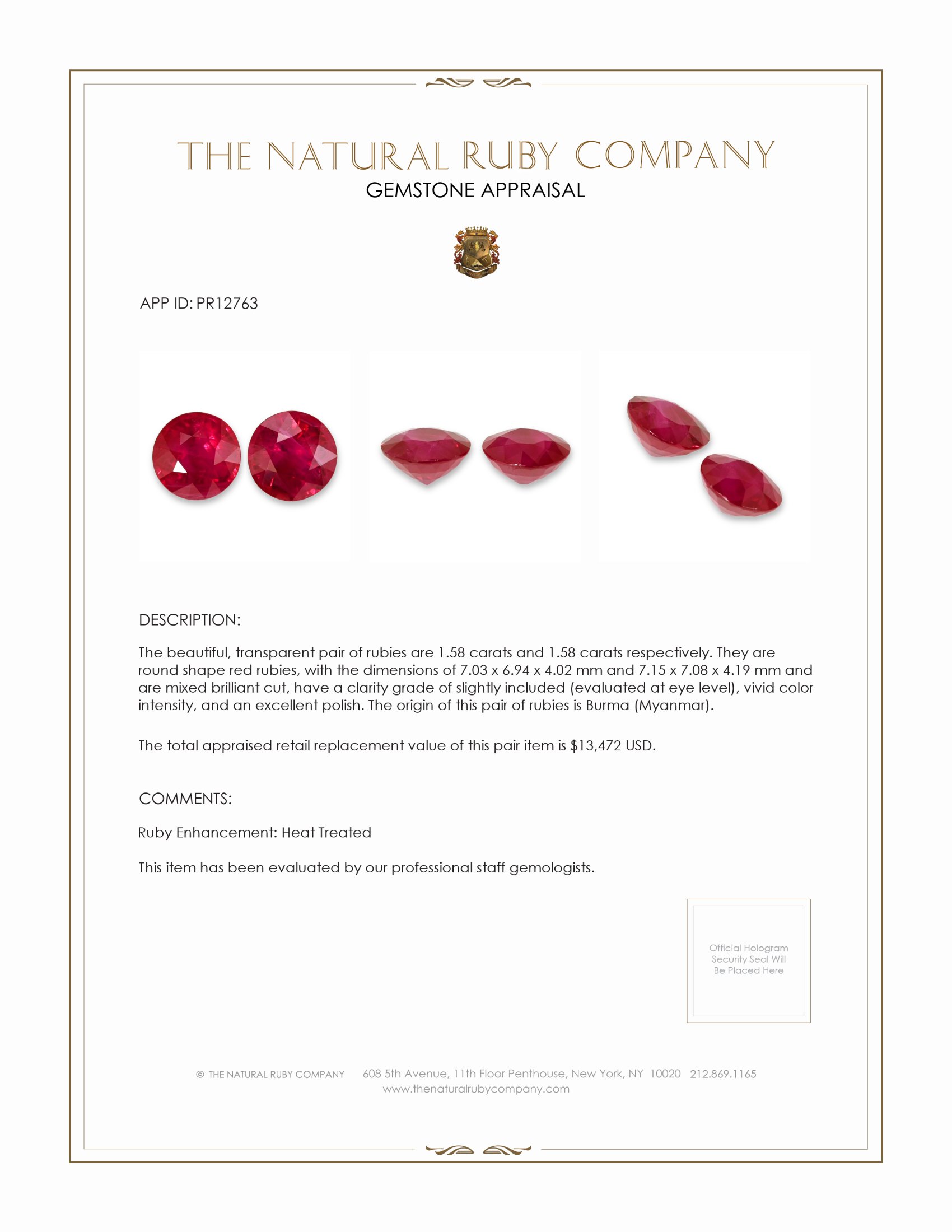 3.16 Ct.Tw. Ruby Pair from Burma (Myanmar)