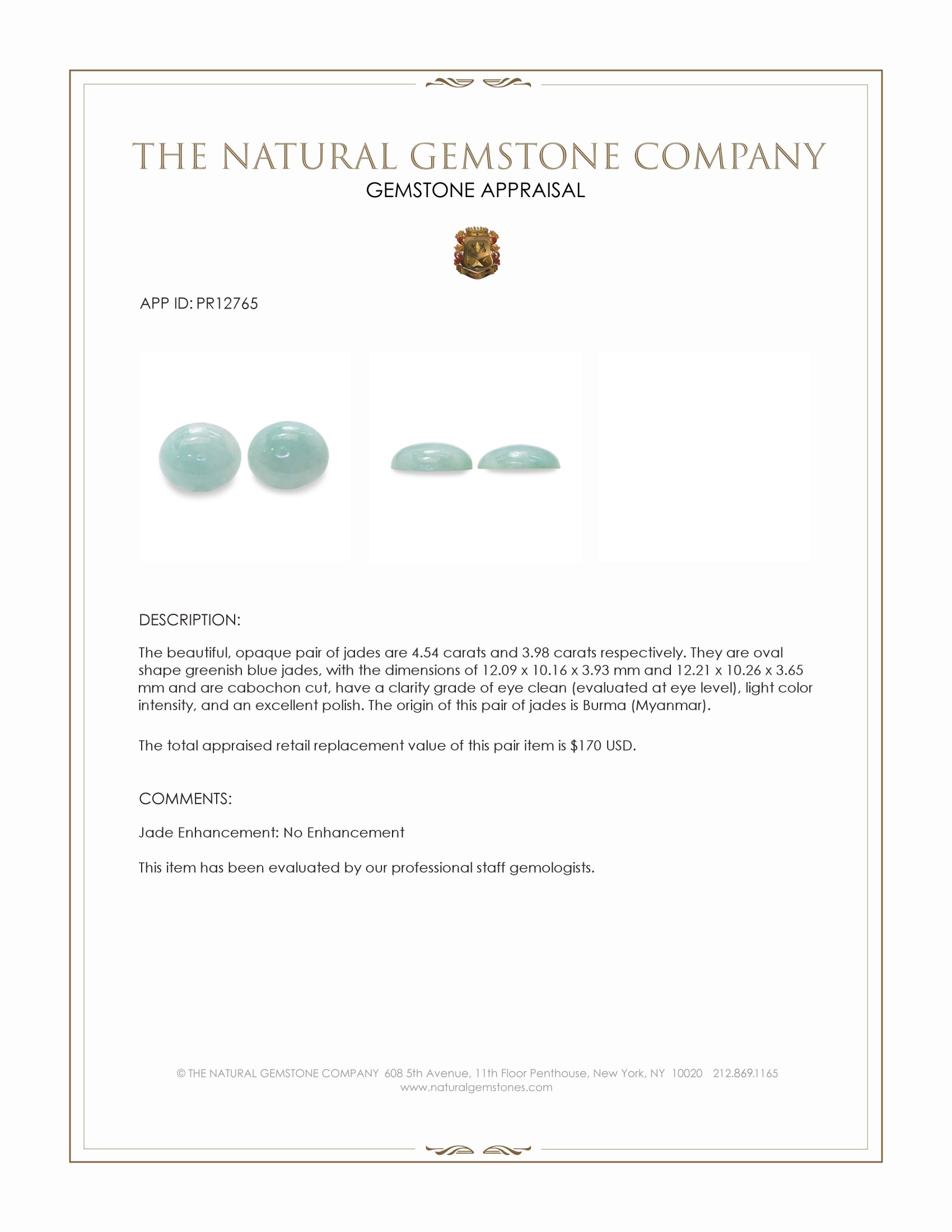 8.52 Ct.Tw. Greenish Blue Cabochon Jade Pair from Burma (Myanmar)