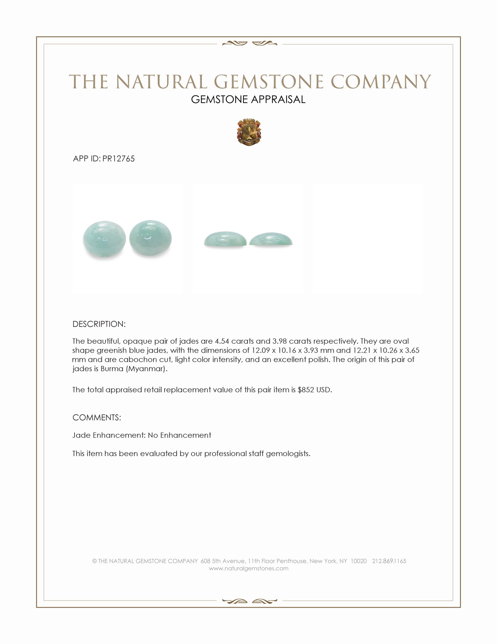 8.52 Ct.Tw. Greenish Blue Cabochon Jade Pair from Burma (Myanmar)