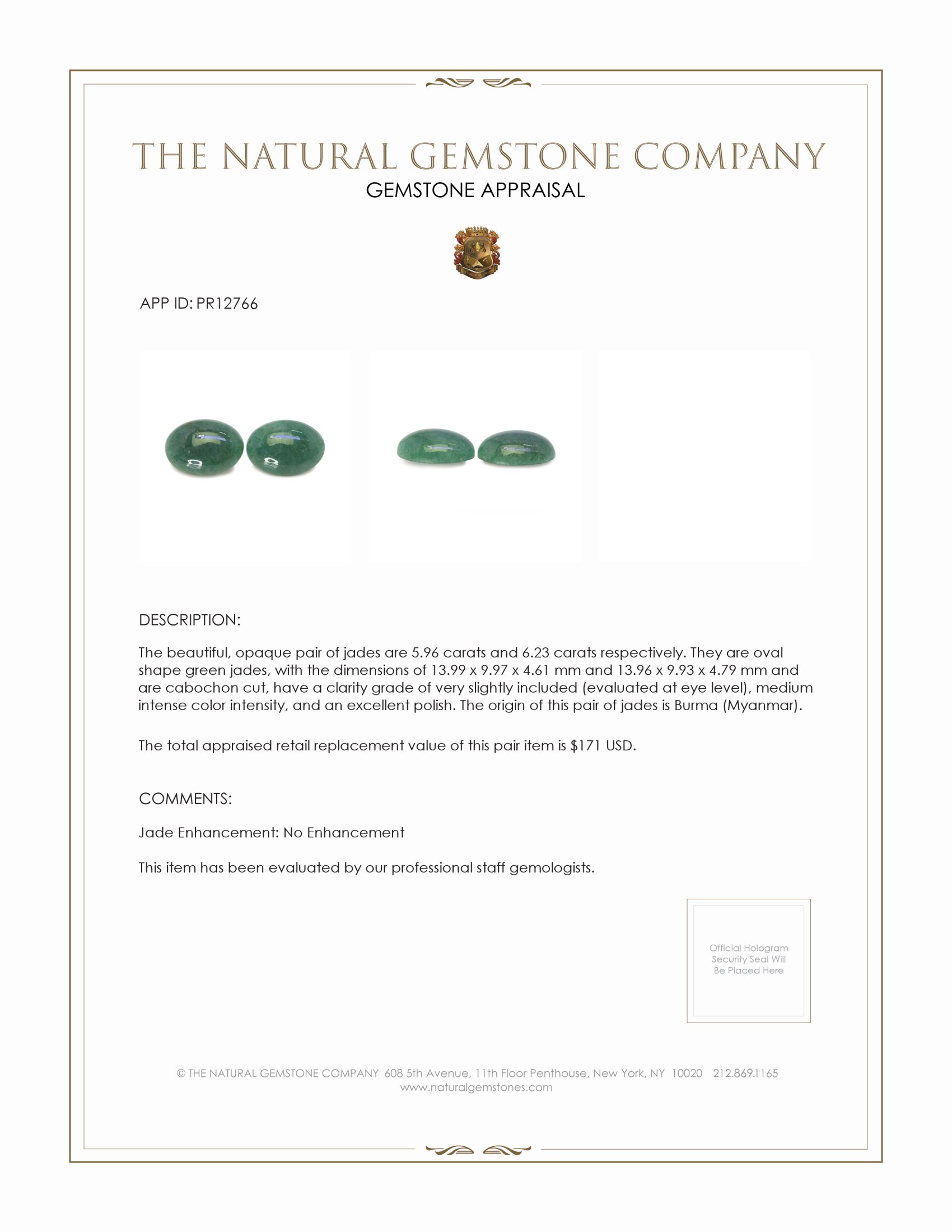 12.19 Ct.Tw. Green Cabochon Jade Pair from Burma (Myanmar)