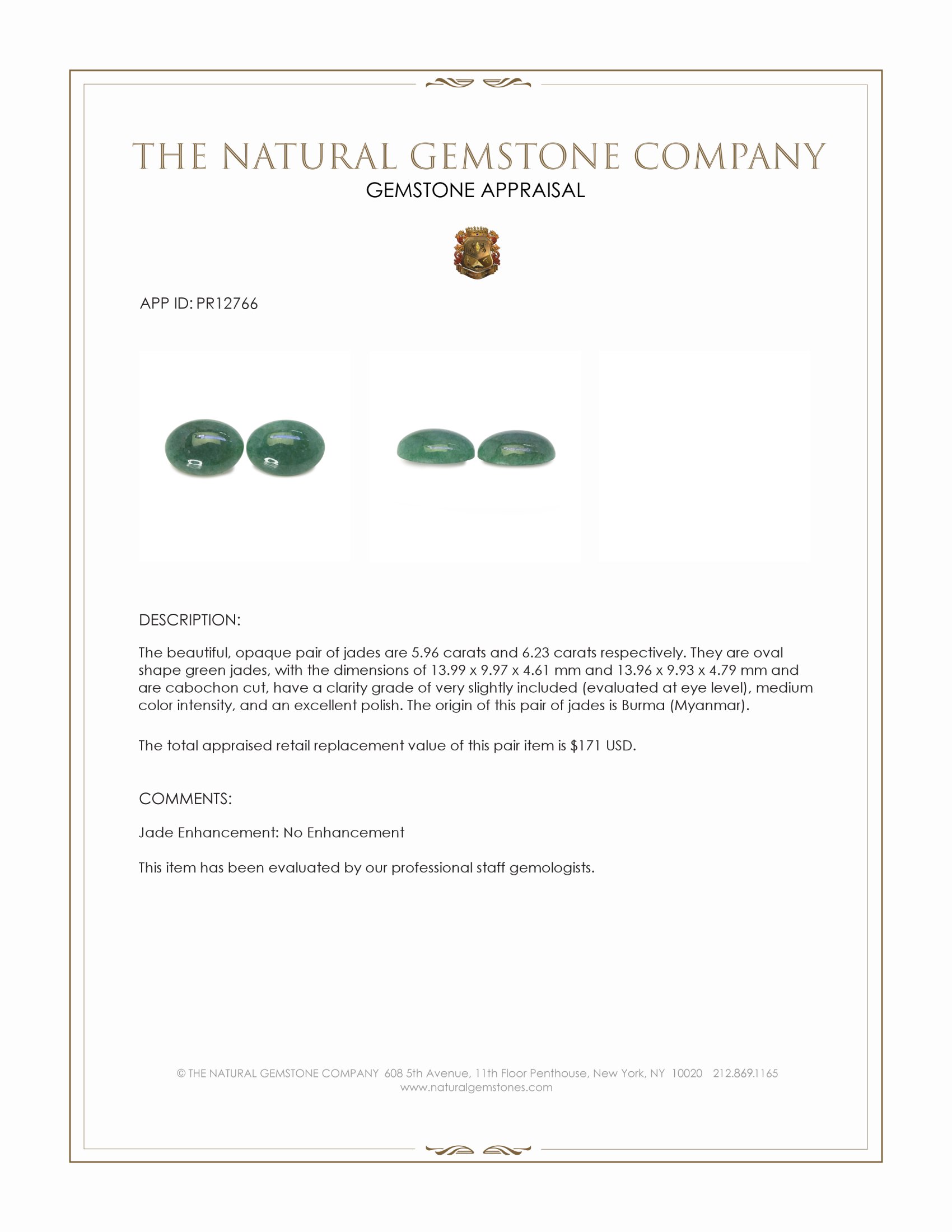 12.19 Ct.Tw. Cabochon Jade Pair from Burma (Myanmar)