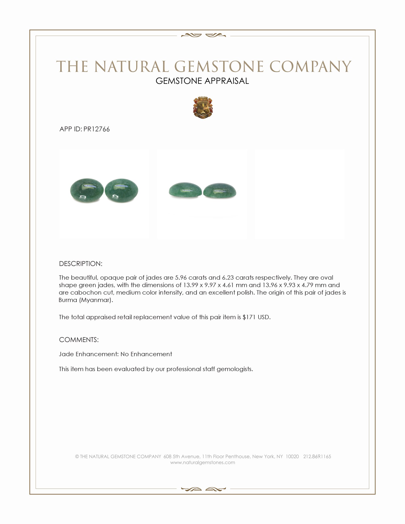 12.19 Ct.Tw. Green Cabochon Jade Pair from Burma (Myanmar)