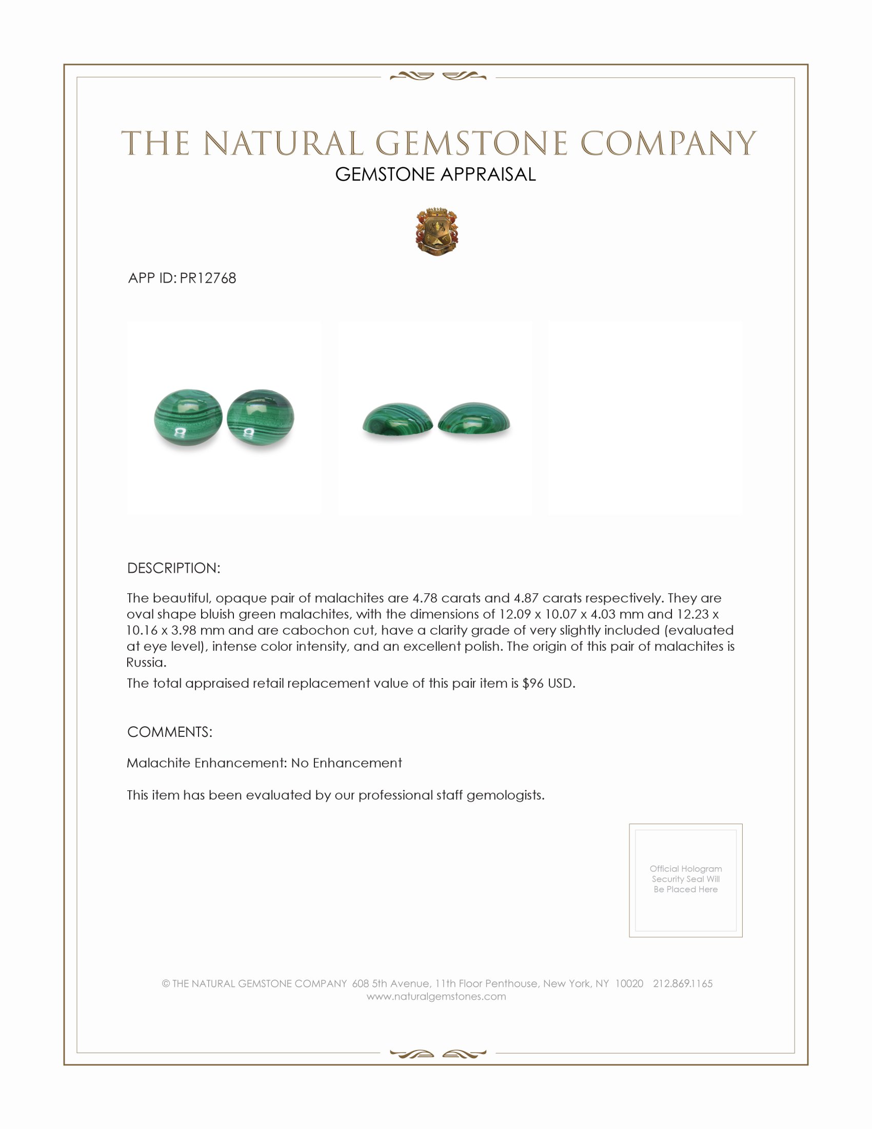 9.65 Ct.Tw. Cabochon Malachite Pair from Russia