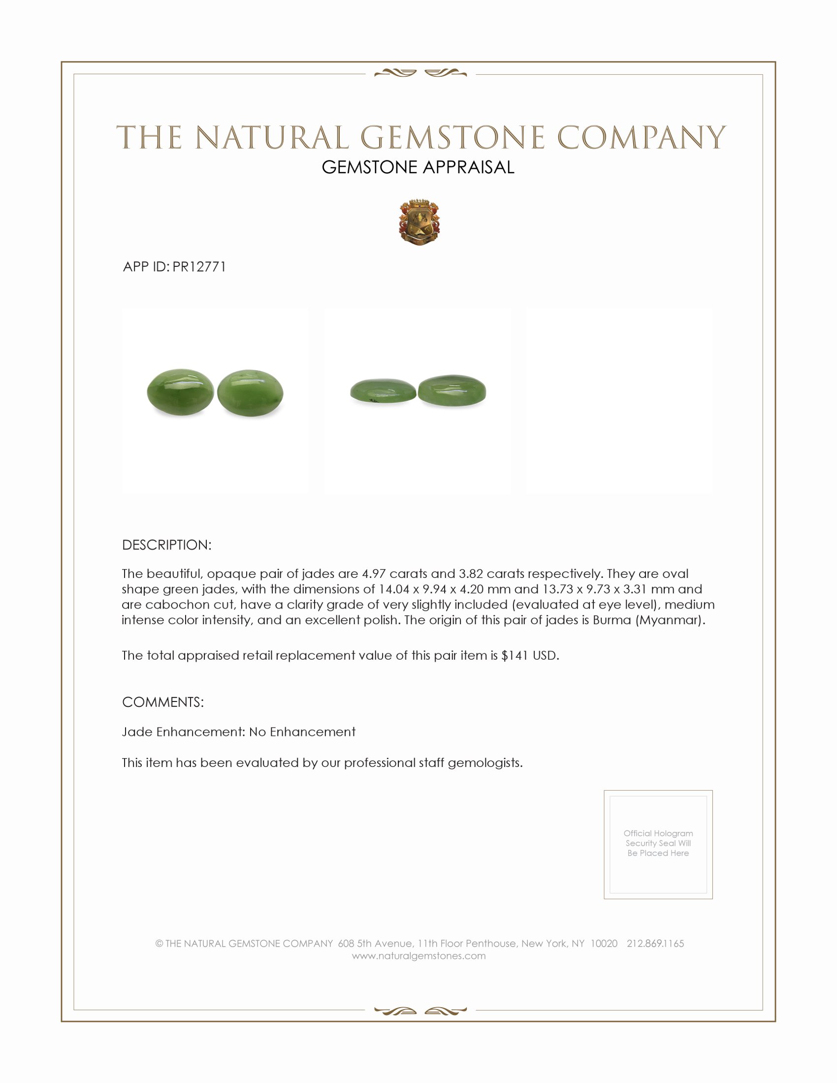 8.79 Ct.Tw. Green Cabochon Jade Pair from Burma (Myanmar)