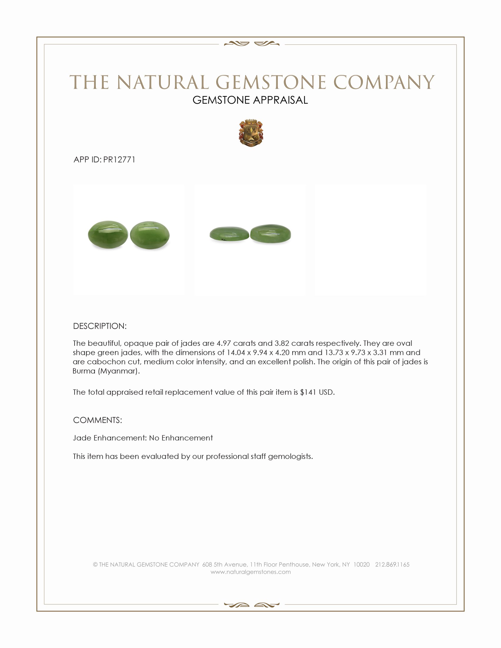 8.79 Ct.Tw. Green Cabochon Jade Pair from Burma (Myanmar)