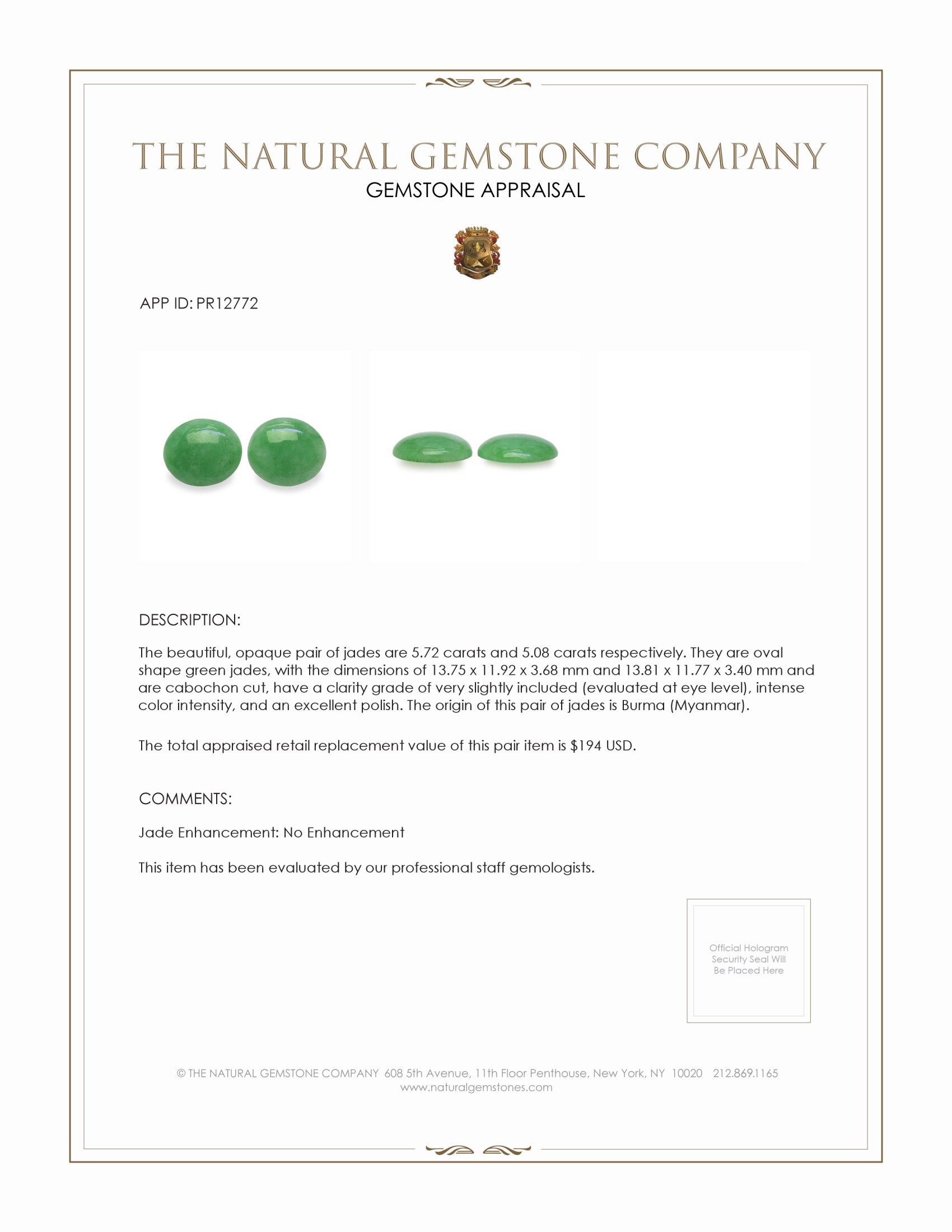 10.80 Ct.Tw. Cabochon Jade Pair from Burma (Myanmar)