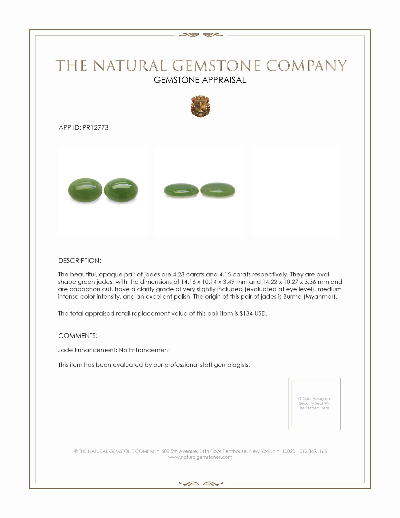 8.38 Ct.Tw. Green Cabochon Jade Pair from Burma (Myanmar)
