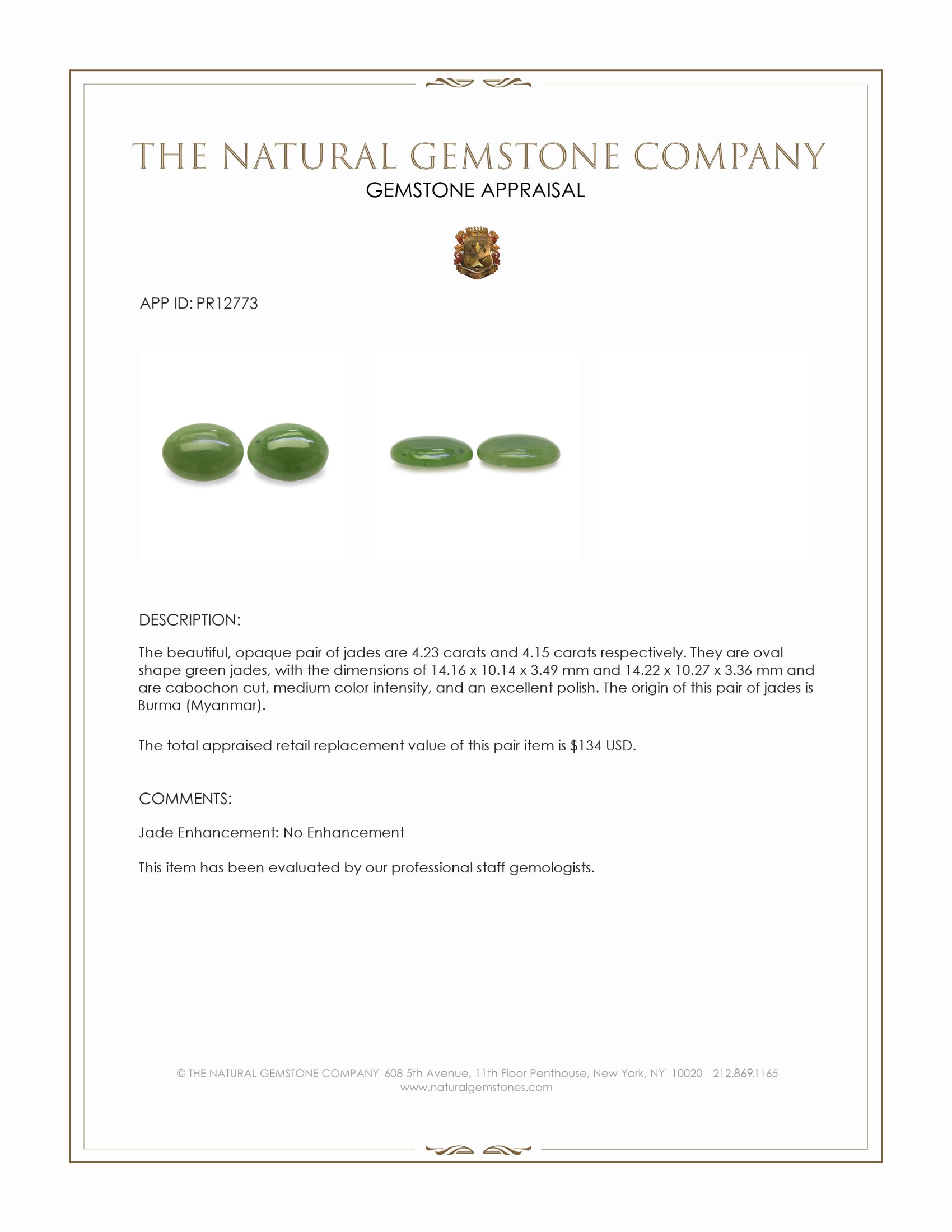 8.38 Ct.Tw. Green Cabochon Jade Pair from Burma (Myanmar)