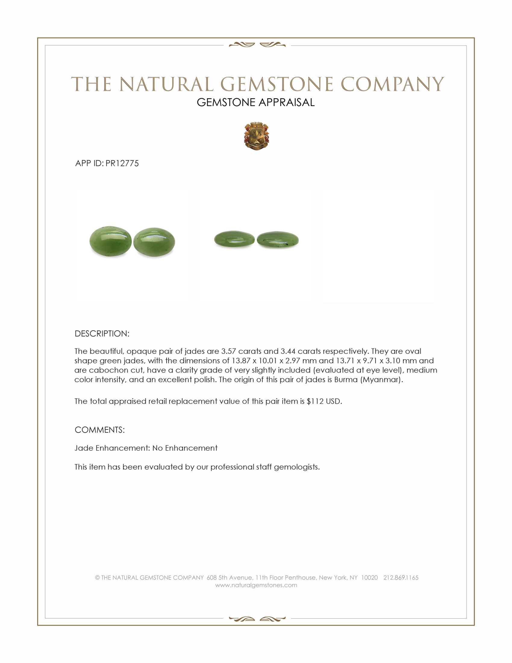 7.01 Ct.Tw. Cabochon Jade Pair from Burma (Myanmar)