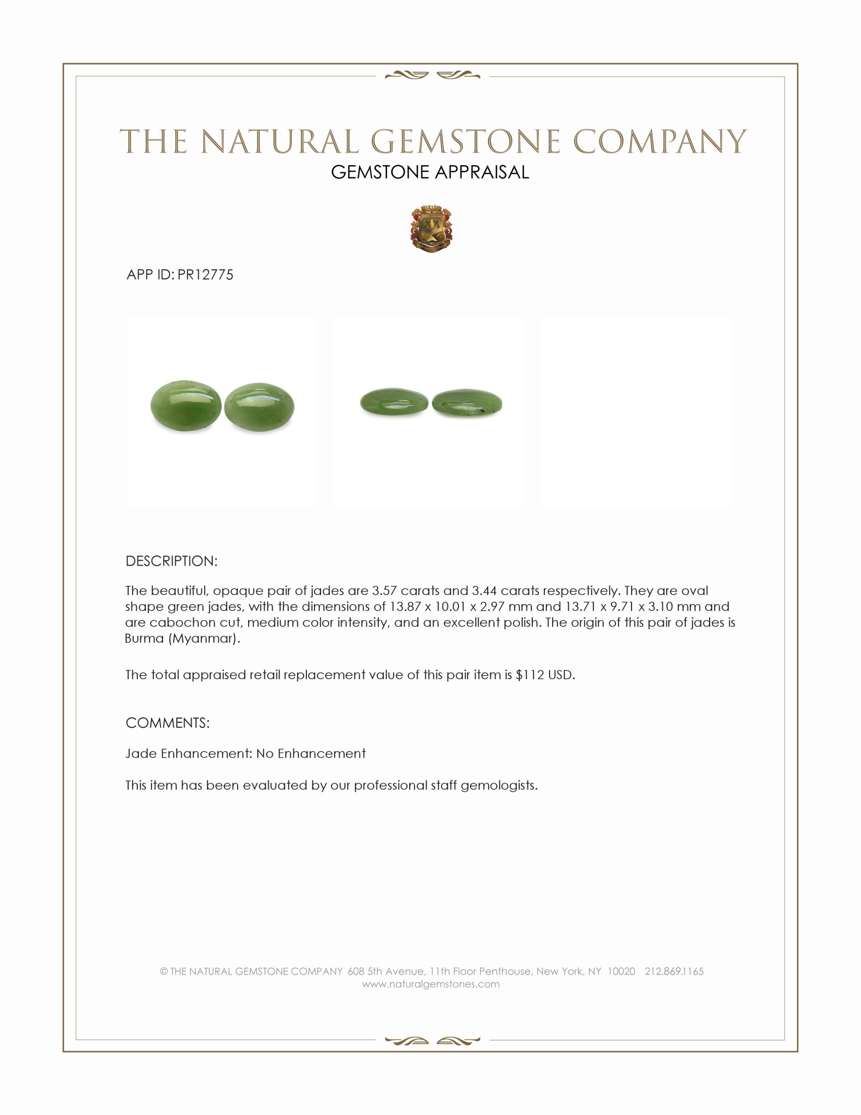 7.01 Ct.Tw. Green Cabochon Jade Pair from Burma (Myanmar)