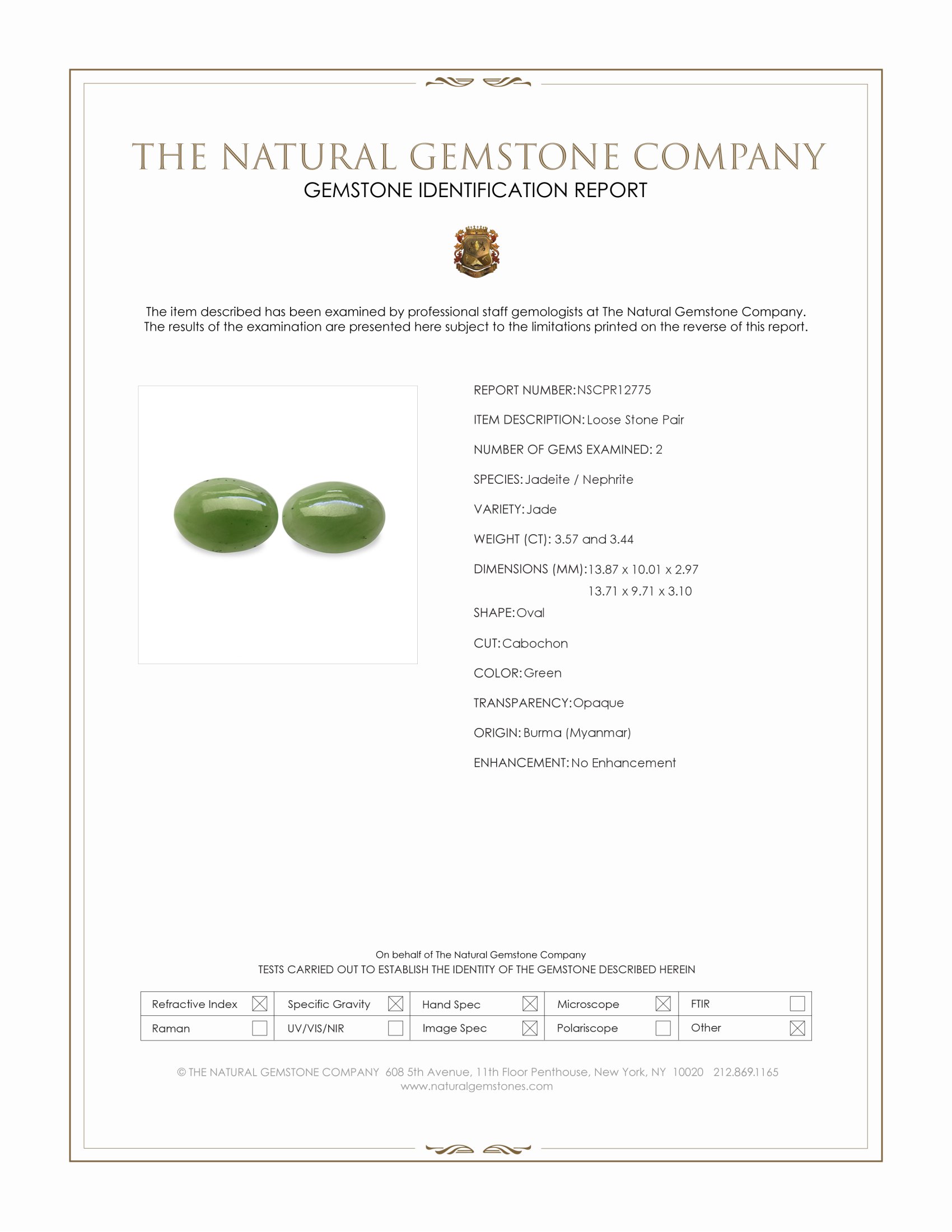 7.01 Ct.Tw. Green Cabochon Jade Pair from Burma (Myanmar)