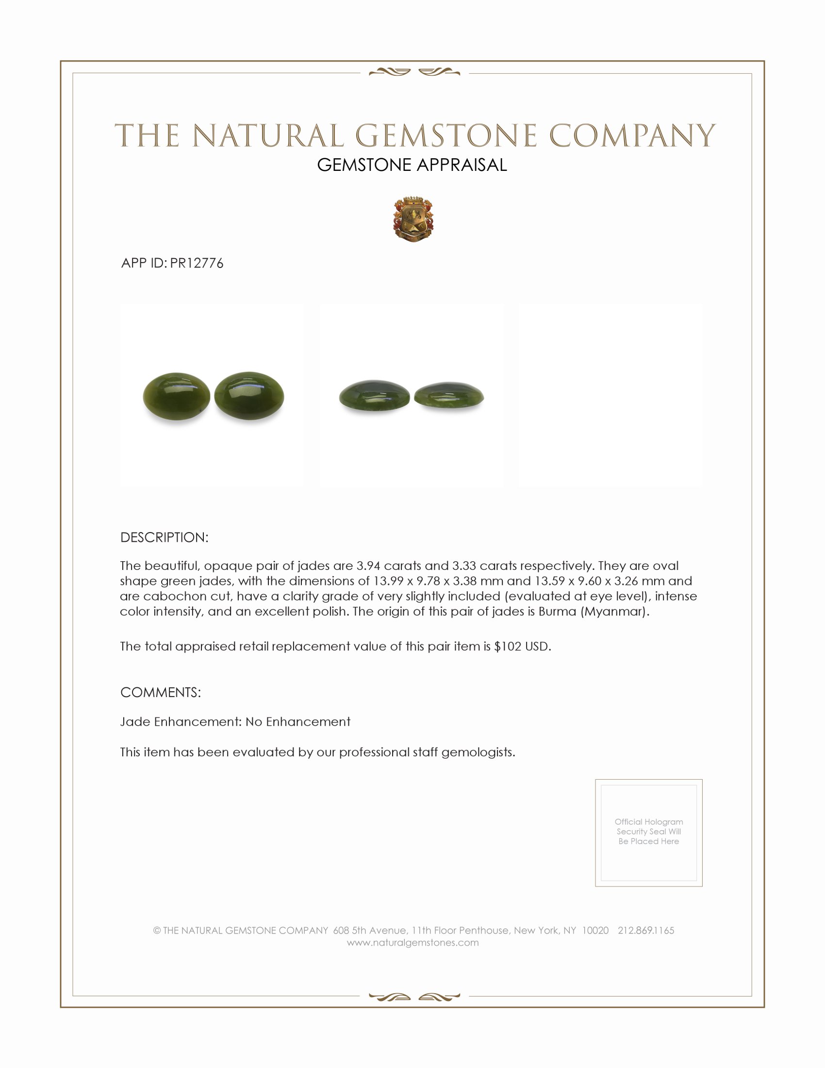 7.27 Ct.Tw. Green Cabochon Jade Pair from Burma (Myanmar)